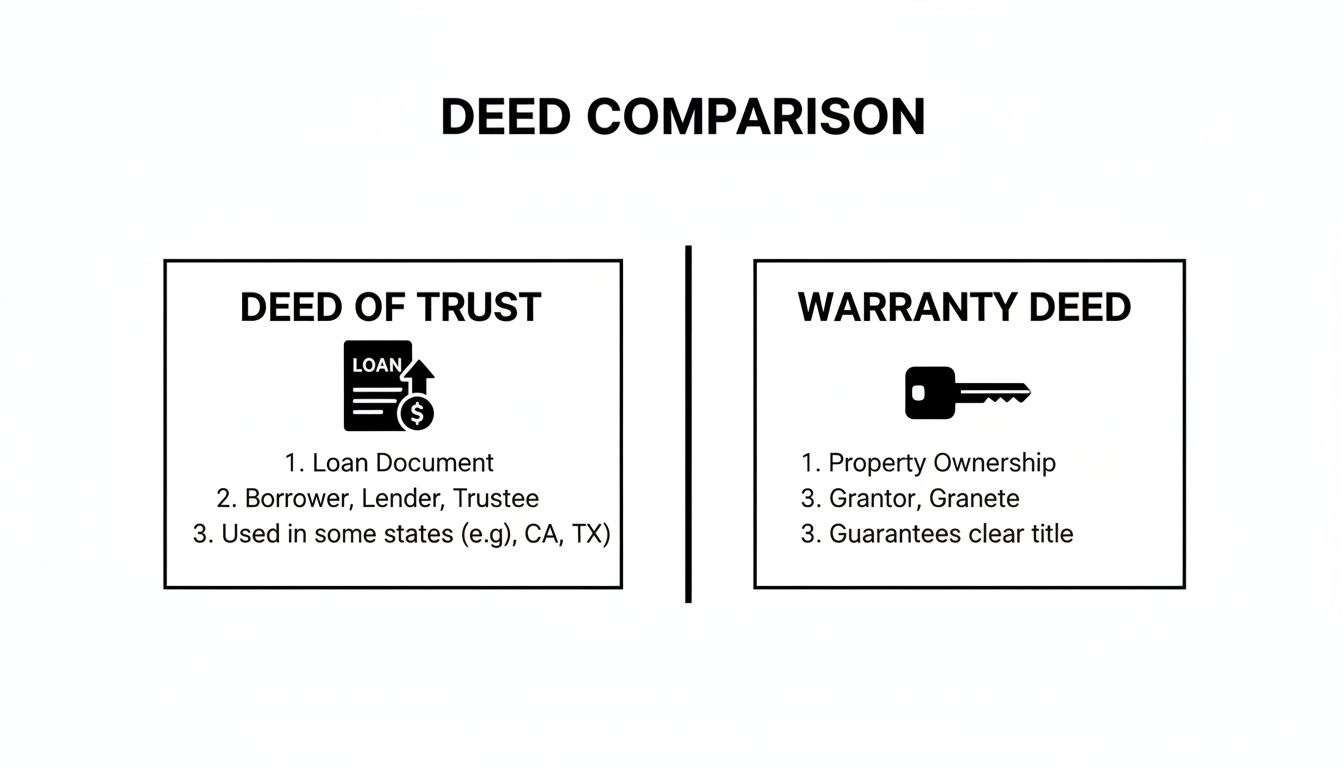 A comparison table explaining the differences between a Deed of Trust and a Warranty Deed.