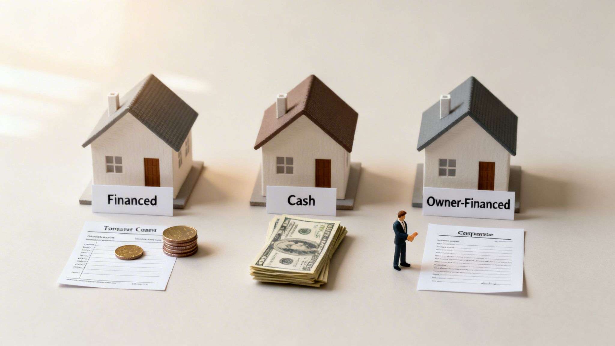 Three miniature houses with signs for 'Financed', 'Cash', and 'Owner-Financed' next to money and documents.