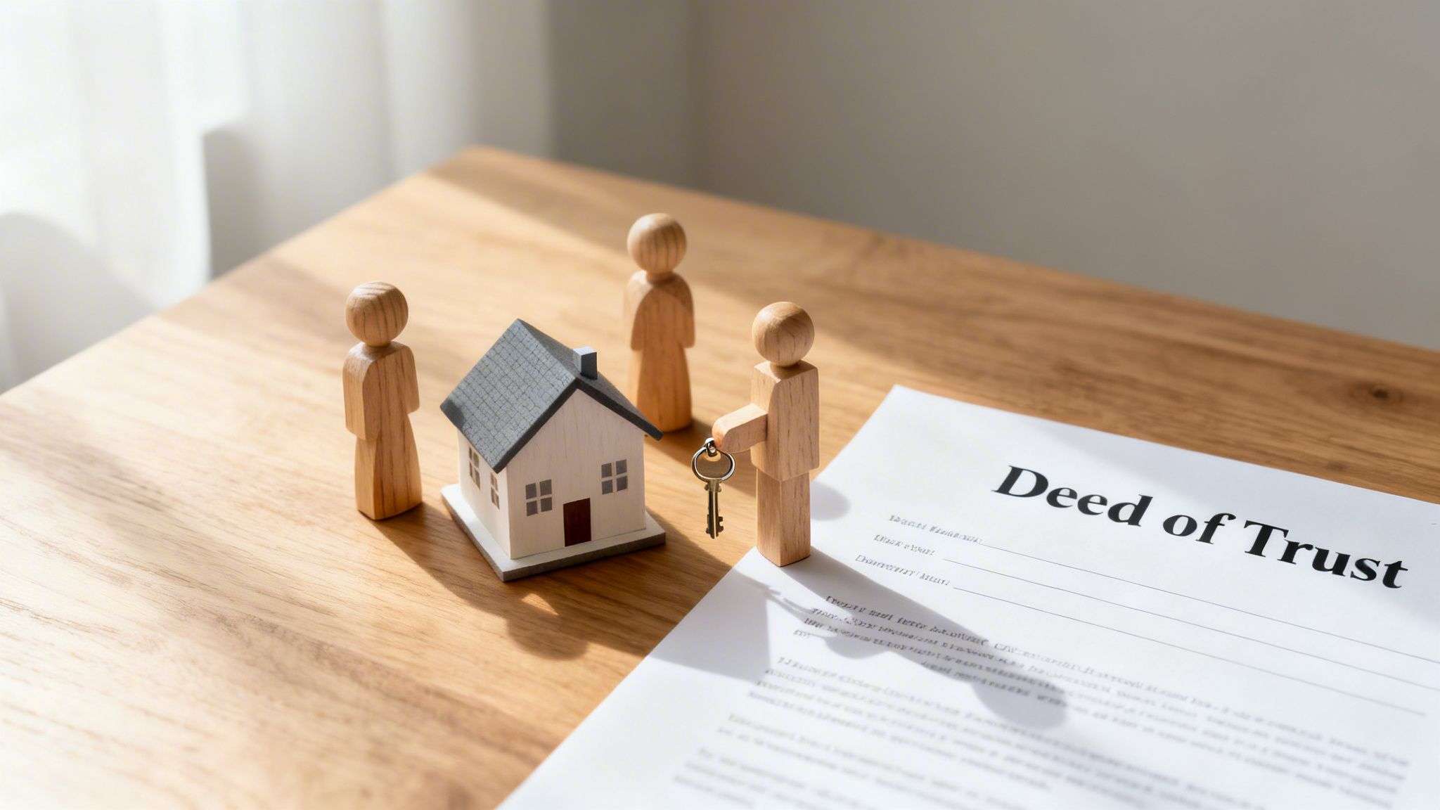 Miniature house with wooden figures, one holding a key, next to a Deed of Trust document.