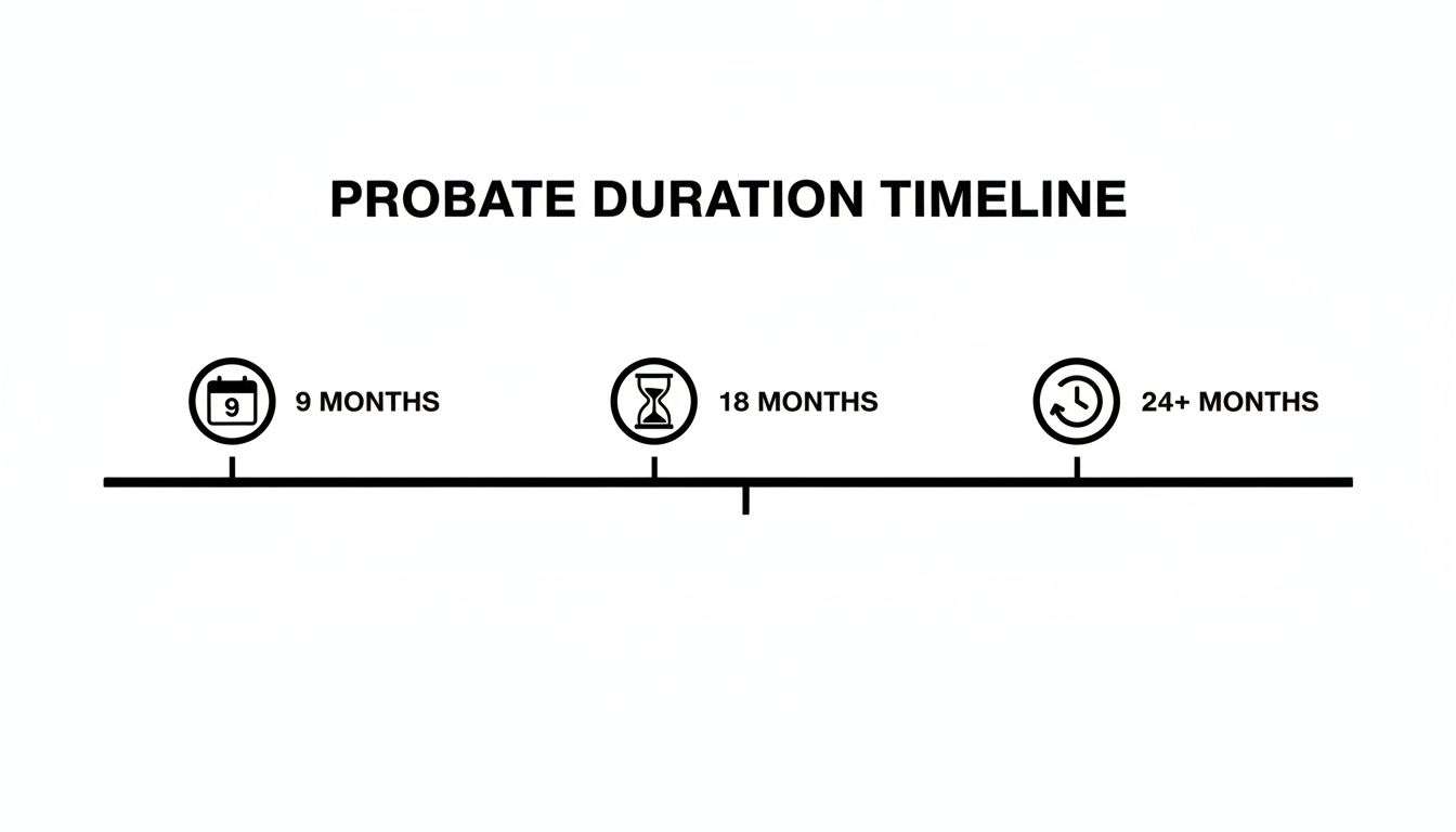 how long does probate take in california probate timeline How Long Does Probate Take in California? An Essential Guide Let's get straight to it. When clients ask me how long probate takes in California, I give them the honest answer: expect it to take between 9 and 18 months for a relatively simple estate. And honestly, it’s not uncommon for that timeline to stretch to 24 months or even longer. A probate duration timeline showing milestones at 9 months, 18 months, and 24+ months.