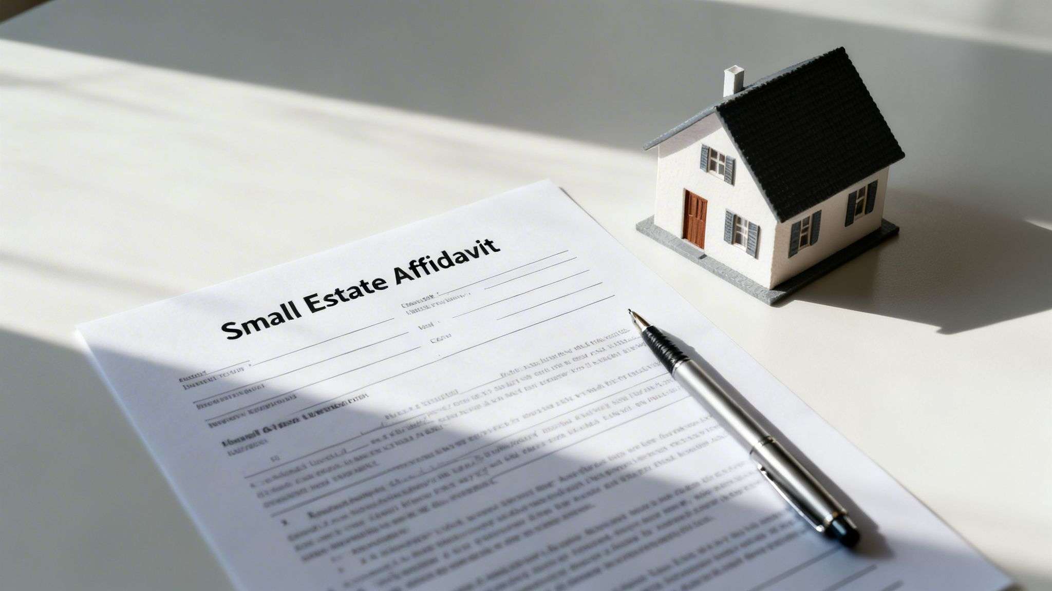 A 'Small Estate Affidavit' document, a pen, and a miniature house model are on a white table.