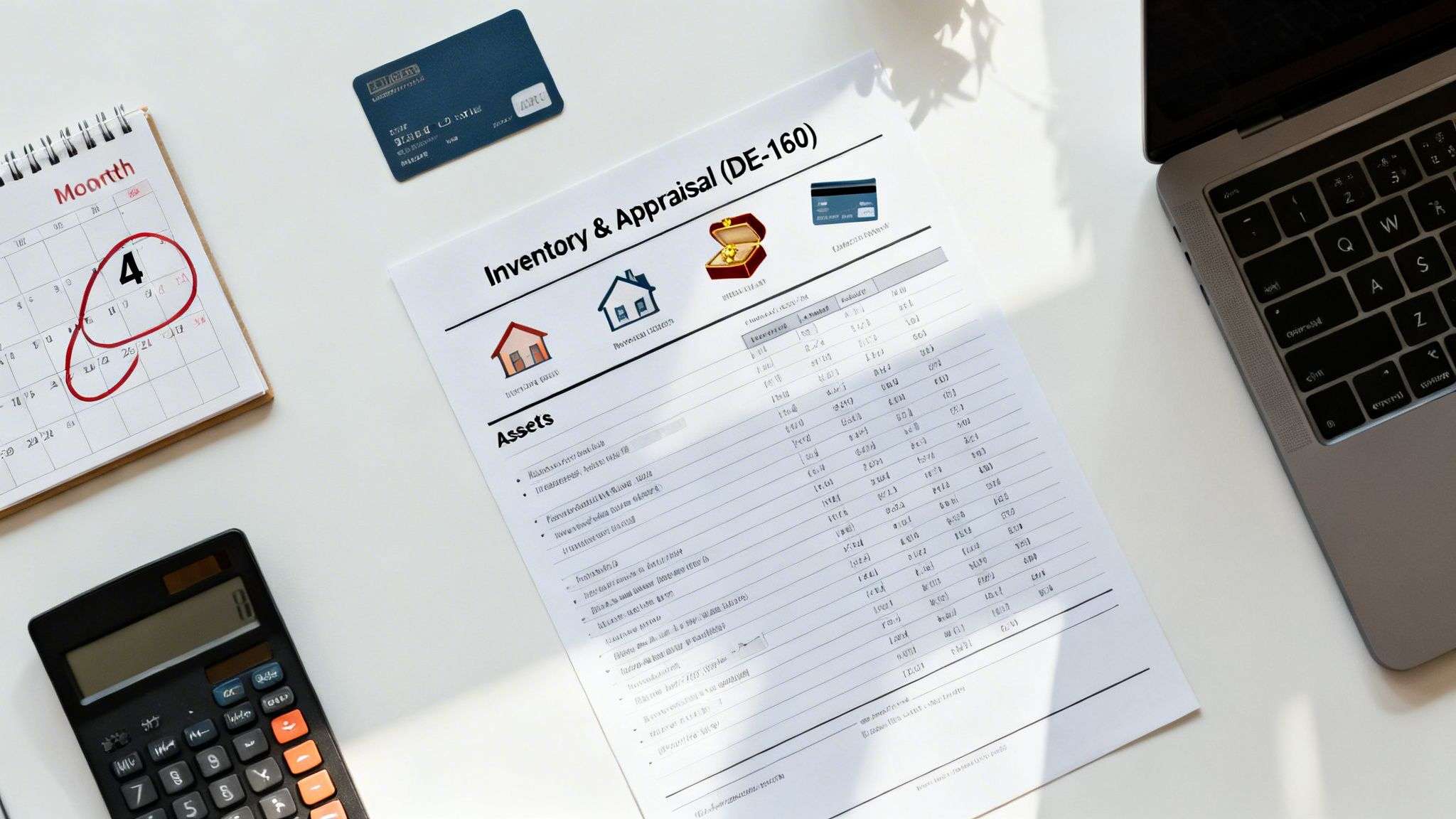 A flat lay displays a financial inventory and appraisal document, a calculator, calendar, credit card, and laptop.