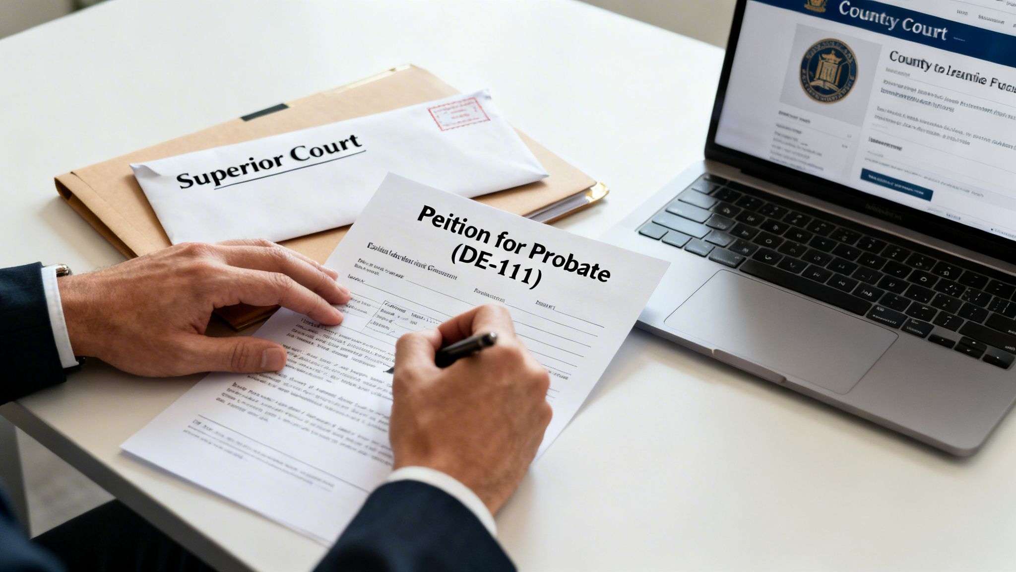 A person is shown filling out a "Petition for Probate" form, with a laptop displaying a court website and a "Superior Court" envelope visible on the desk.