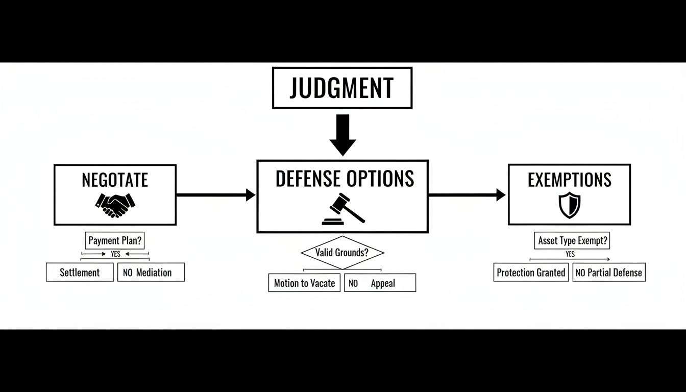 how to protect assets from creditors judgment defense Shield Your Wealth: How to Protect Assets From Creditors When it comes to protecting your hard-earned assets from creditors, timing is everything. The strongest strategies are built on a foundation of proactive planning, using legal tools like LLCs and trusts long before a lawsuit or debt issue ever materializes. Think of it as building a legal fortress during peacetime. Trying to build one during a battle? That’s a recipe for disaster. Flowchart illustrating options to protect assets after a legal judgment, including negotiation, defense, and exemptions.