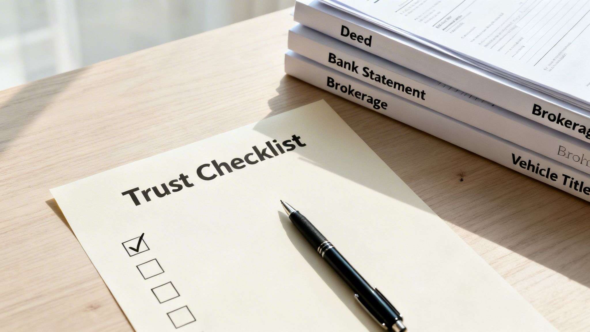 A 'Trust Checklist' document with one item checked, a pen, and a stack of financial folders.