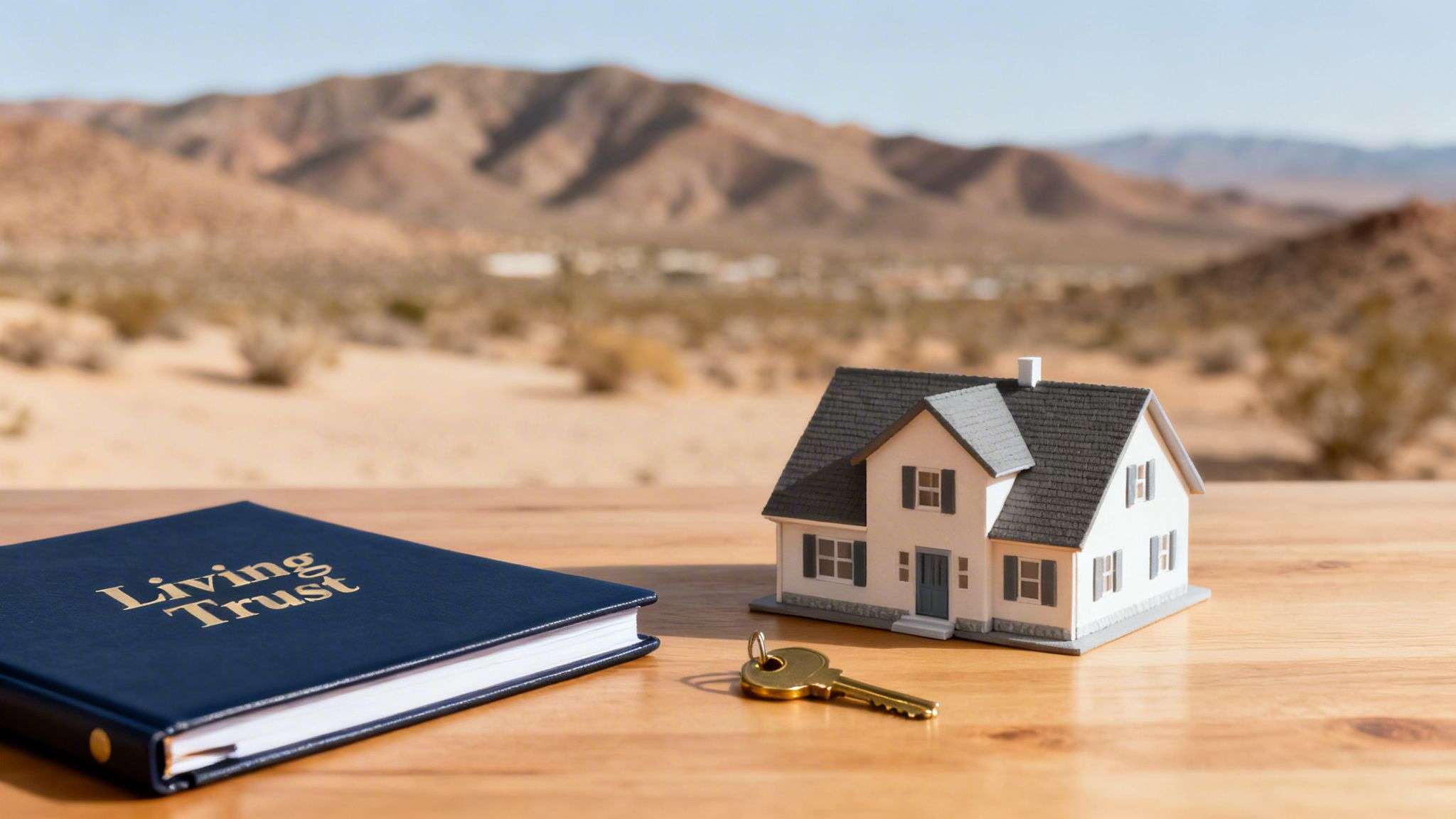 A 'Living Trust' book, model house, and golden key on a wooden table with a desert background.