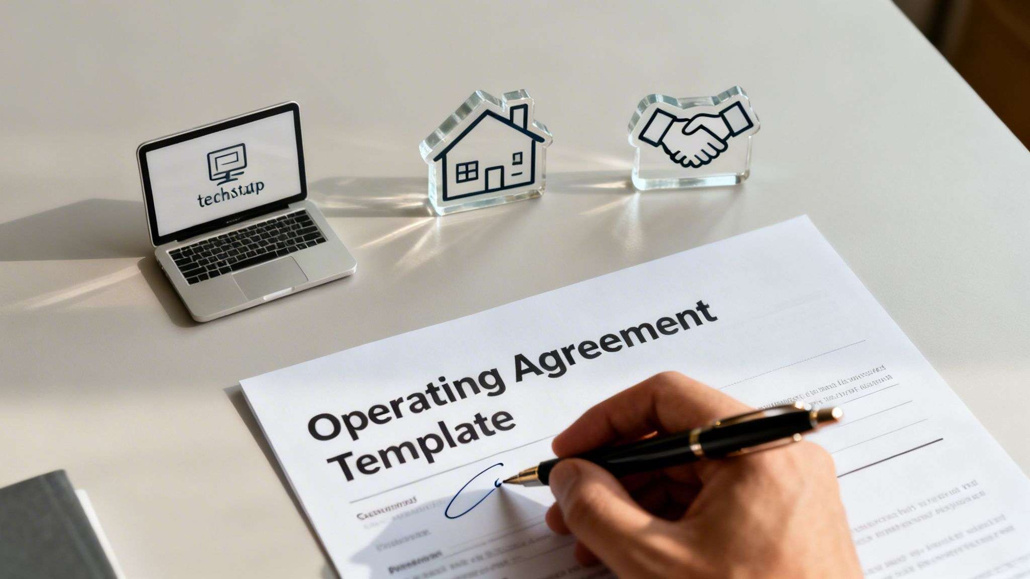 operating agreement template llc agreement signing Your Guide to an Operating Agreement Template LLC A quality operating agreement template LLC is an excellent starting point. It provides a solid framework that you can then customize to reflect the unique realities of your business. This document isn't just about avoiding disputes; it's about building a stable and scalable foundation for long-term success. Hand signing an 'Operating Agreement Template' with a pen, surrounded by a laptop, house, and handshake icons.