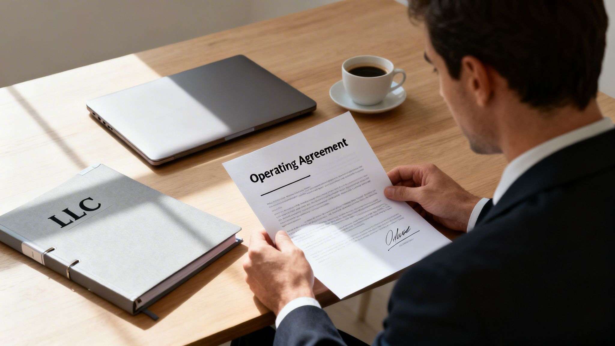 operating agreement template llc operating agreement Your Guide to an Operating Agreement Template LLC A quality operating agreement template LLC is an excellent starting point. It provides a solid framework that you can then customize to reflect the unique realities of your business. This document isn't just about avoiding disputes; it's about building a stable and scalable foundation for long-term success. A person in a suit reviews an 'Operating Agreement' document, with an 'LLC' binder and laptop on the desk.