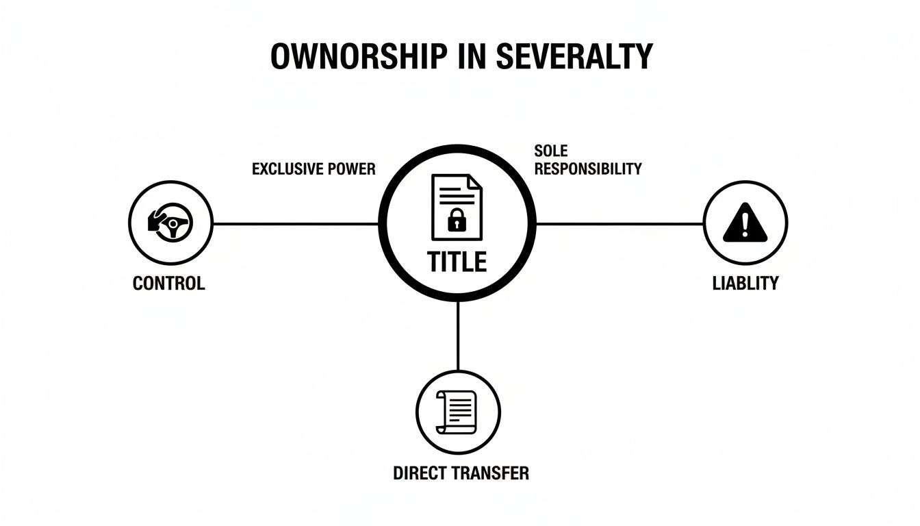 A diagram illustrating ownership in severalty, with 'TITLE' at the center, connecting to control, liability, and direct transfer.