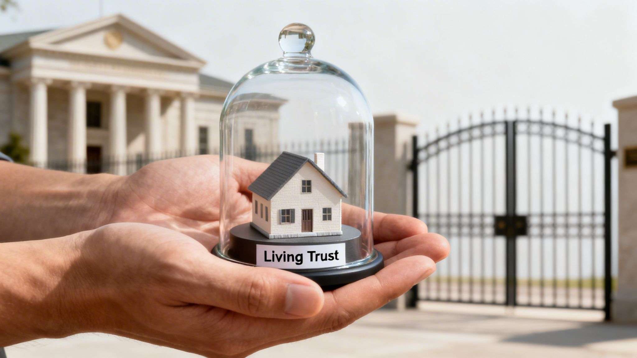 Hands holding a miniature house under a glass dome labeled "Living Trust" in front of a courthouse.