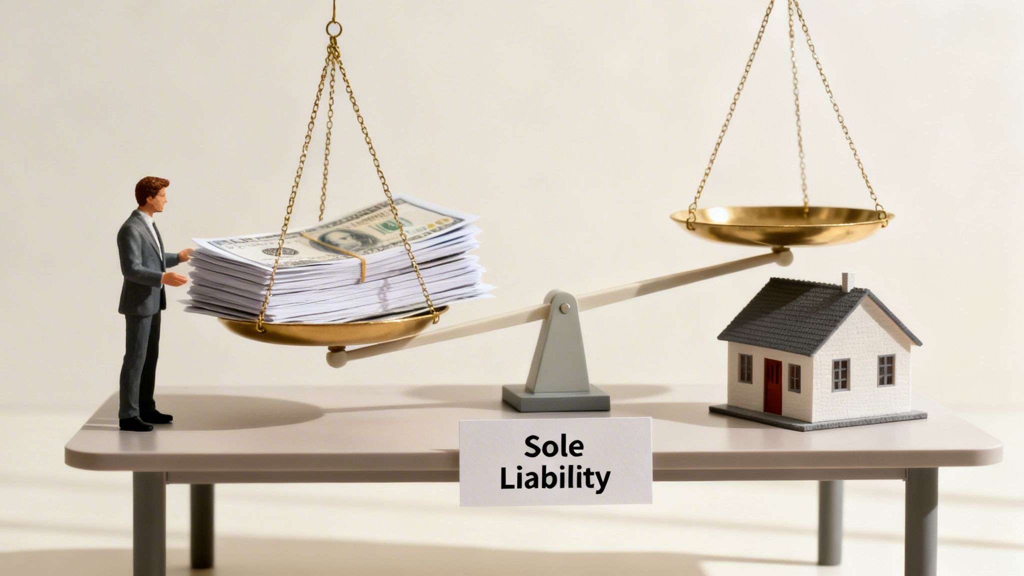 A man, money, and a miniature house on a scale with a 'Sole Liability' sign.