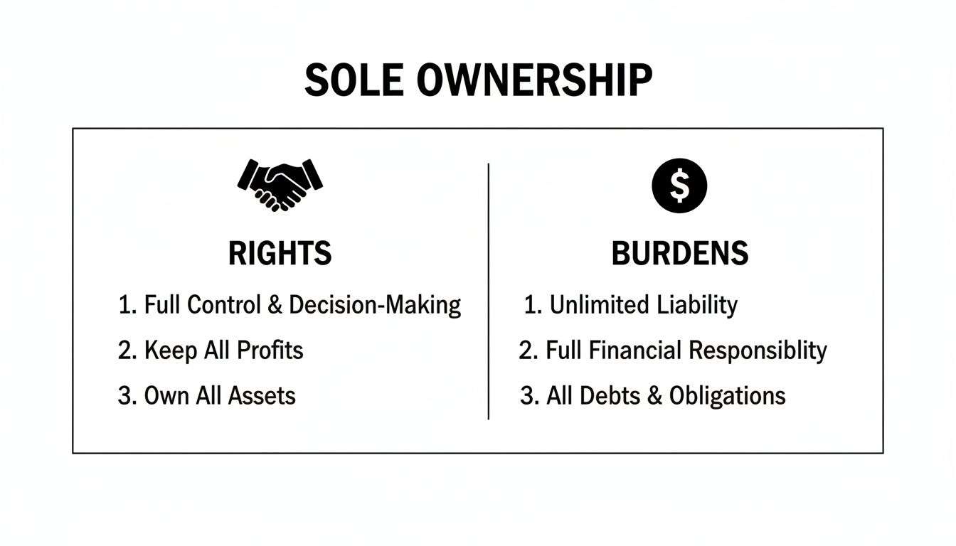 tenancy by severalty sole ownership Understanding Tenancy by Severalty in California Real Estate Imagine owning a property with absolutely no strings attached—that’s the core idea behind tenancy by severalty. It’s the simplest, most straightforward way to hold title to real estate, where one person or one legal entity has complete, "severed" ownership and total control. Infographic detailing the rights and burdens of sole ownership, including control, profits, and liabilities.