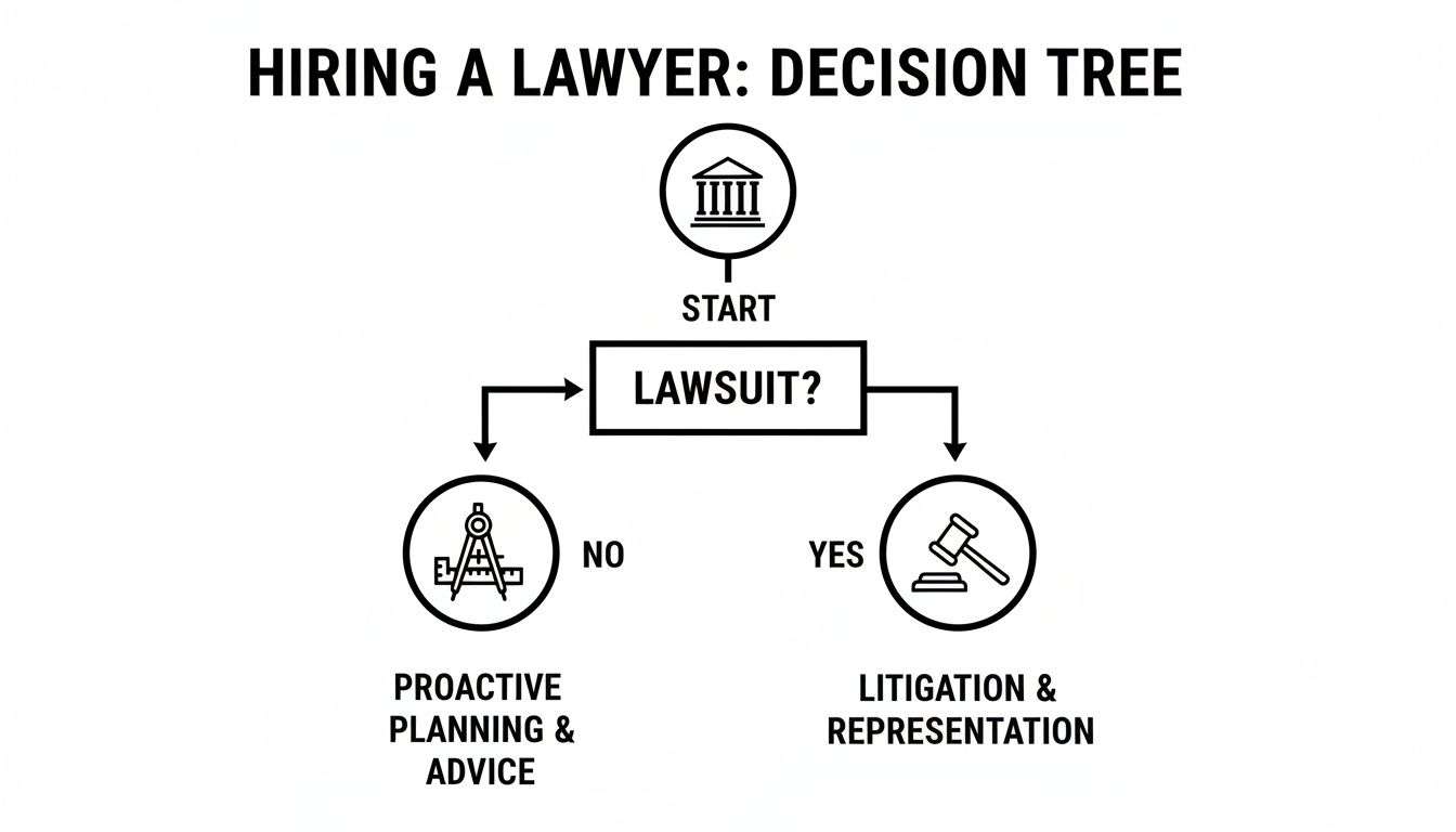 what does a business attorney do decision tree What Does a Business Attorney Do? Startup Guide Let's get one thing straight: a business attorney isn't just an emergency contact you call when trouble finds you. Thinking of a lawyer as only for lawsuits is a common—and very expensive—myth. A decision tree flowchart for hiring a lawyer, guiding from start to proactive planning or litigation.
