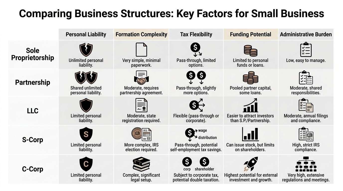 business structure for small business comparison chart Master Your Business Structure for Small Business That choice affects who gets sued if something goes wrong, how money is taxed, how ownership is documented, and how easy it is to grow. In California, it also affects what you file, what you pay, and what you have to maintain year after year. A business structure for small business isn't just paperwork. It's the frame that holds the business together when money, risk, employees, and property all start moving at once. A comparison chart outlining key differences between business structures like sole proprietorship, partnership, LLC, S-Corp, and C-Corp.