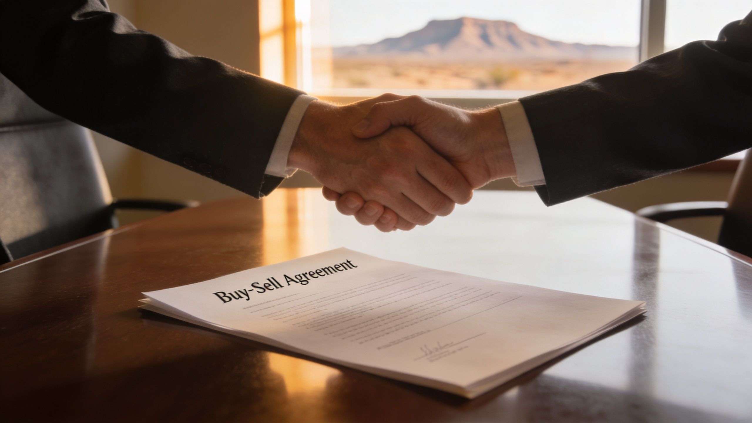Two professional businesspeople shaking hands over a buy-sell agreement document on a wooden office desk.