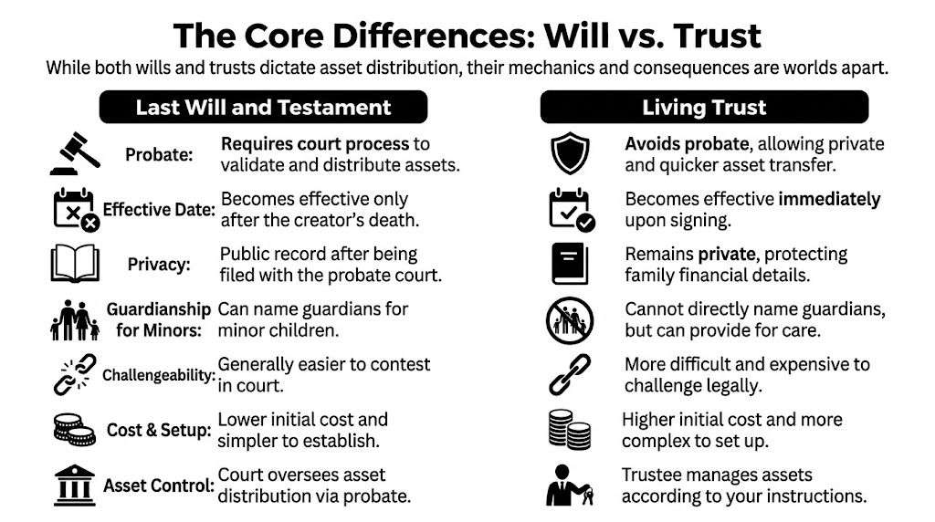 difference between will and trust comparison chart Difference Between Will and Trust: 2026 Guide For business owners and real estate investors, the difference between will and trust isn’t academic. It affects who controls assets during a crisis, whether your family deals with probate, how quickly beneficiaries receive property, and whether private financial details end up in a court file. Generic estate planning guides usually stop at “a trust avoids probate.” That’s true, but it misses the operational reality for someone with California real estate, business interests, and succession concerns. A comparison chart outlining the key differences between a Last Will and Testament and a Living Trust.