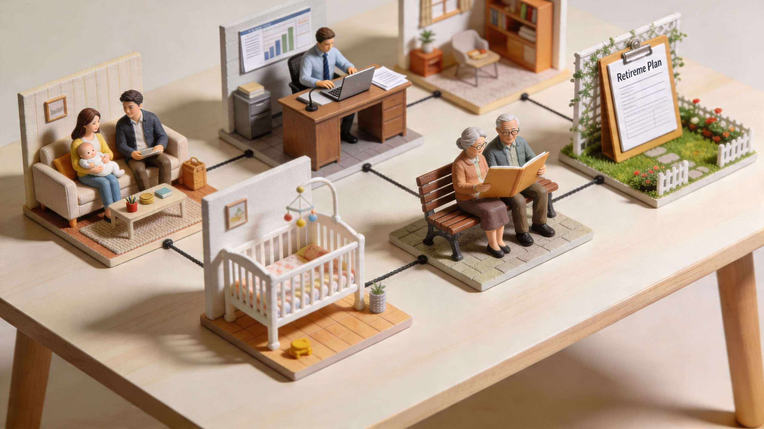 difference between will and trust life stages scaled Difference Between Will and Trust: 2026 Guide For business owners and real estate investors, the difference between will and trust isn’t academic. It affects who controls assets during a crisis, whether your family deals with probate, how quickly beneficiaries receive property, and whether private financial details end up in a court file. Generic estate planning guides usually stop at “a trust avoids probate.” That’s true, but it misses the operational reality for someone with California real estate, business interests, and succession concerns. A conceptual diorama showing different life stages, from a newborn baby to retirement planning, on a wooden table.