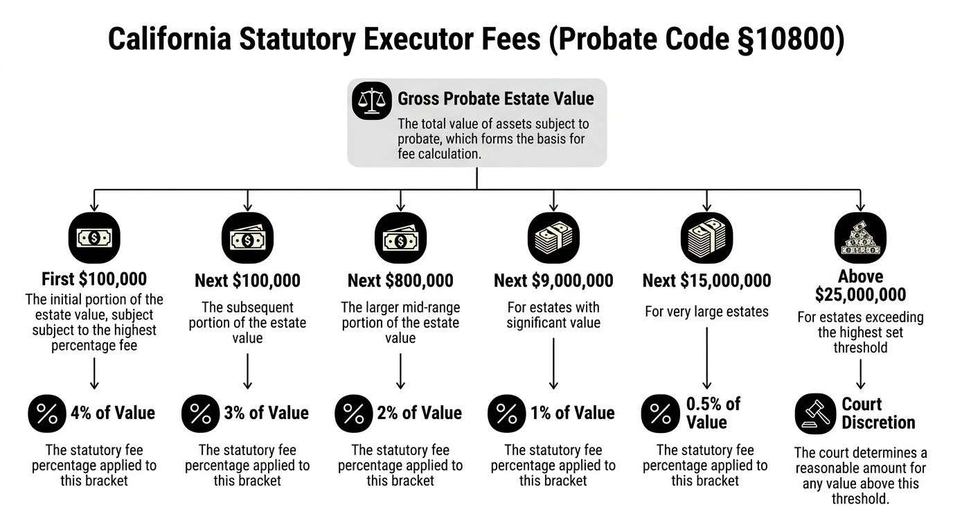 estate executor fees probate chart Navigate California Estate Executor Fees 2026 That confusion is normal. So is the discomfort around estate executor fees. Many people assume the fee is a bonus. It isn’t. In California probate, compensation exists because administering an estate is work. You may need to secure property, gather records, deal with lenders, coordinate appraisals, handle beneficiary pressure, and file papers correctly while trying to avoid personal liability. A flowchart explaining the tiered percentage structure of California Statutory Executor Fees based on gross probate estate value.