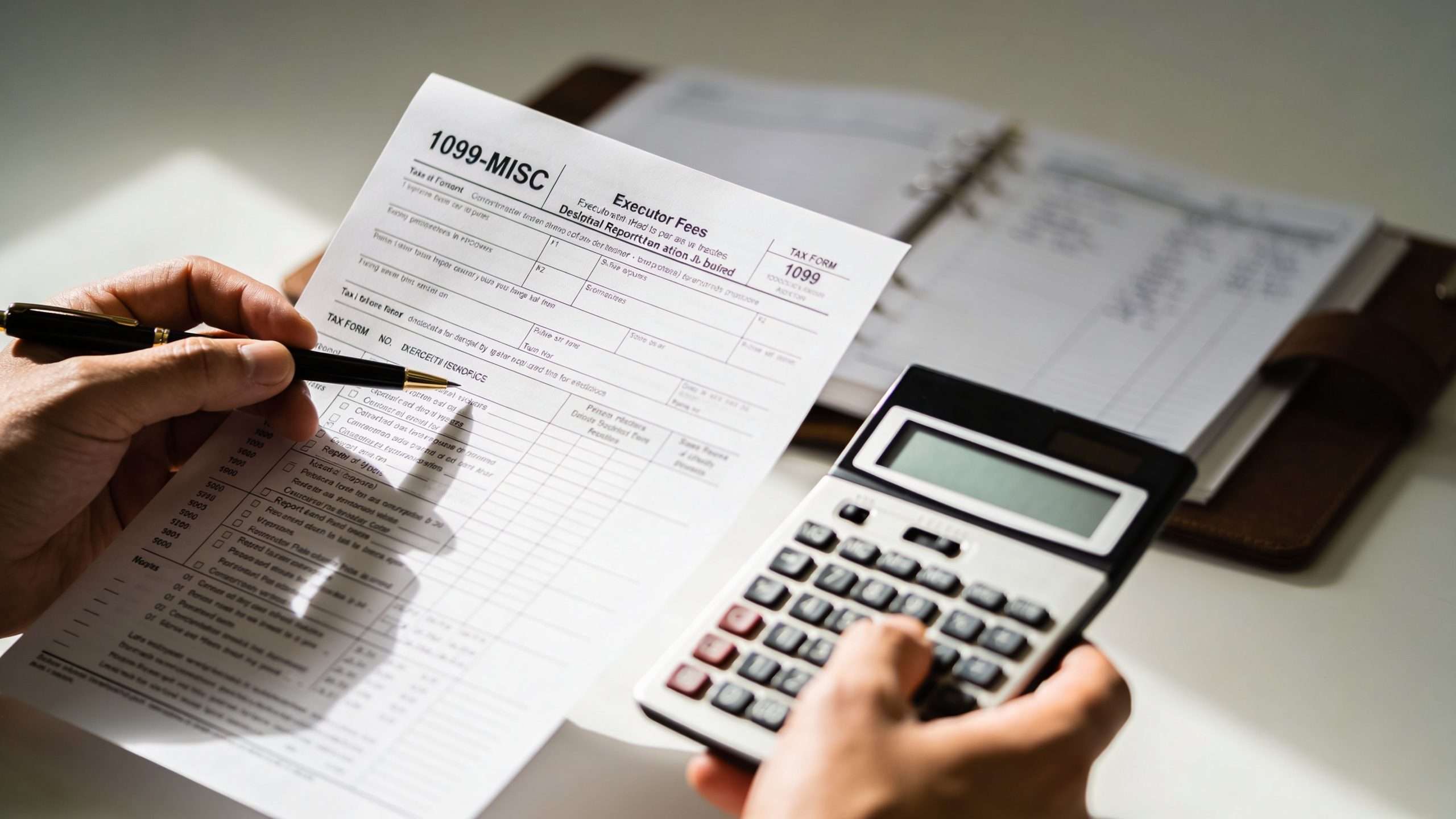 estate executor fees tax calculator scaled Navigate California Estate Executor Fees 2026 That confusion is normal. So is the discomfort around estate executor fees. Many people assume the fee is a bonus. It isn’t. In California probate, compensation exists because administering an estate is work. You may need to secure property, gather records, deal with lenders, coordinate appraisals, handle beneficiary pressure, and file papers correctly while trying to avoid personal liability. A person calculating estate executor fees while holding a 1099-MISC tax form and using a calculator.
