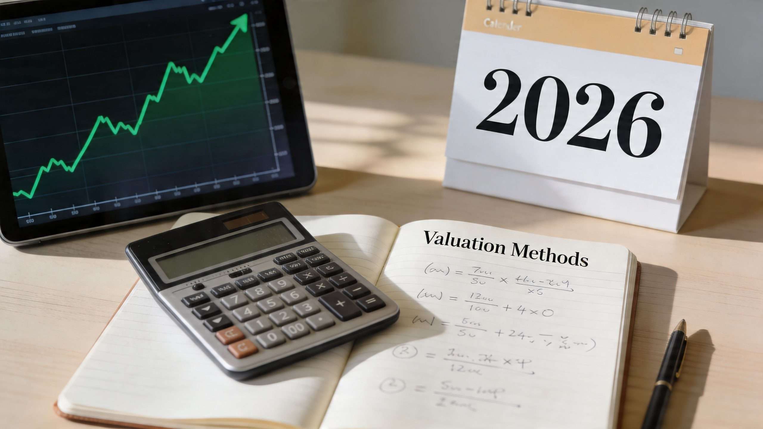 A calculator on a notebook with valuation methods alongside a 2026 calendar and a stock market chart.