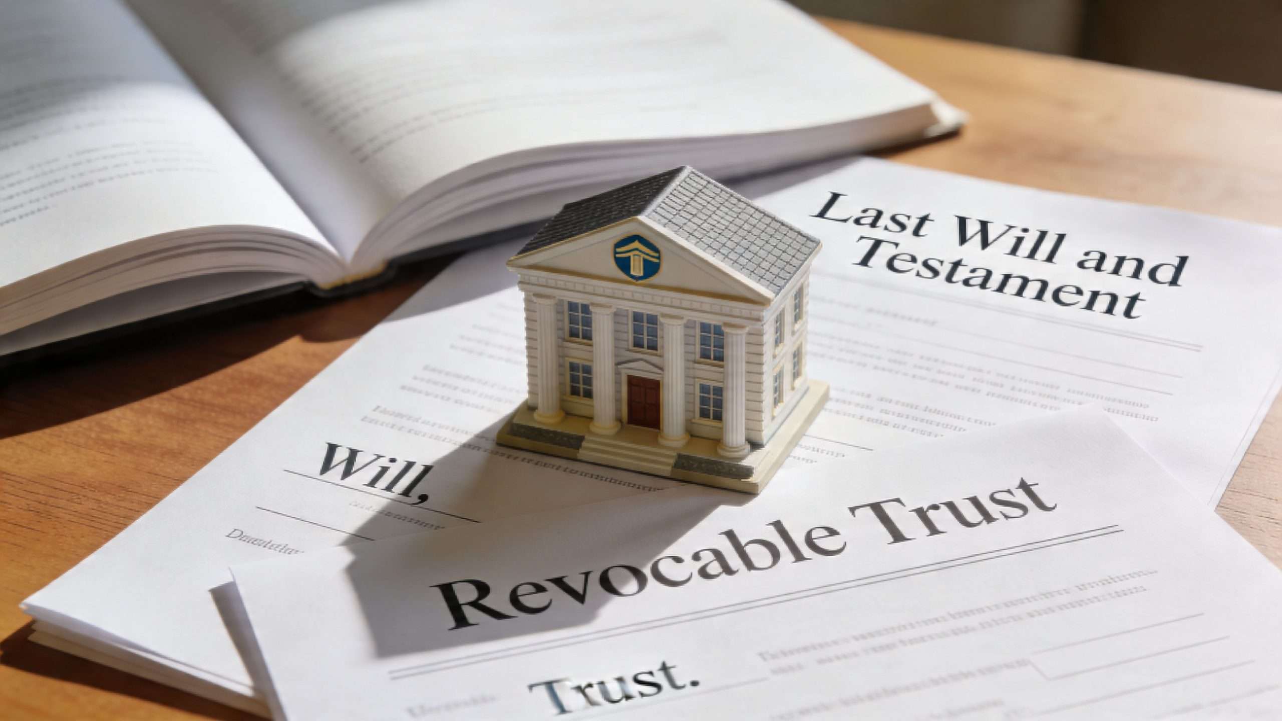 A miniature bank model sitting on top of legal documents titled Last Will and Testament and Revocable Trust.