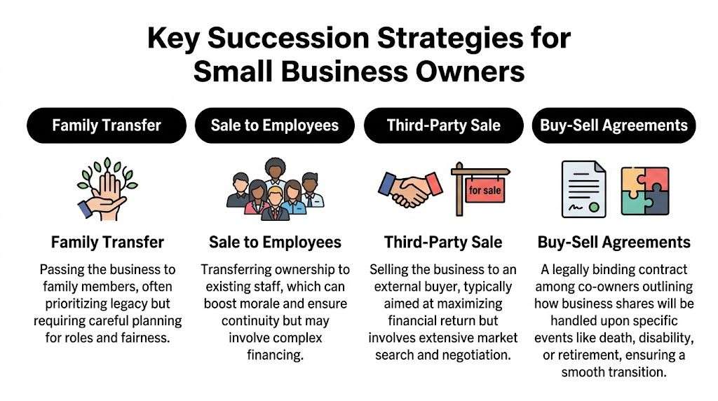 An infographic showing four key succession strategies for small business owners including family transfer, employee sale, and buy-sell agreements.