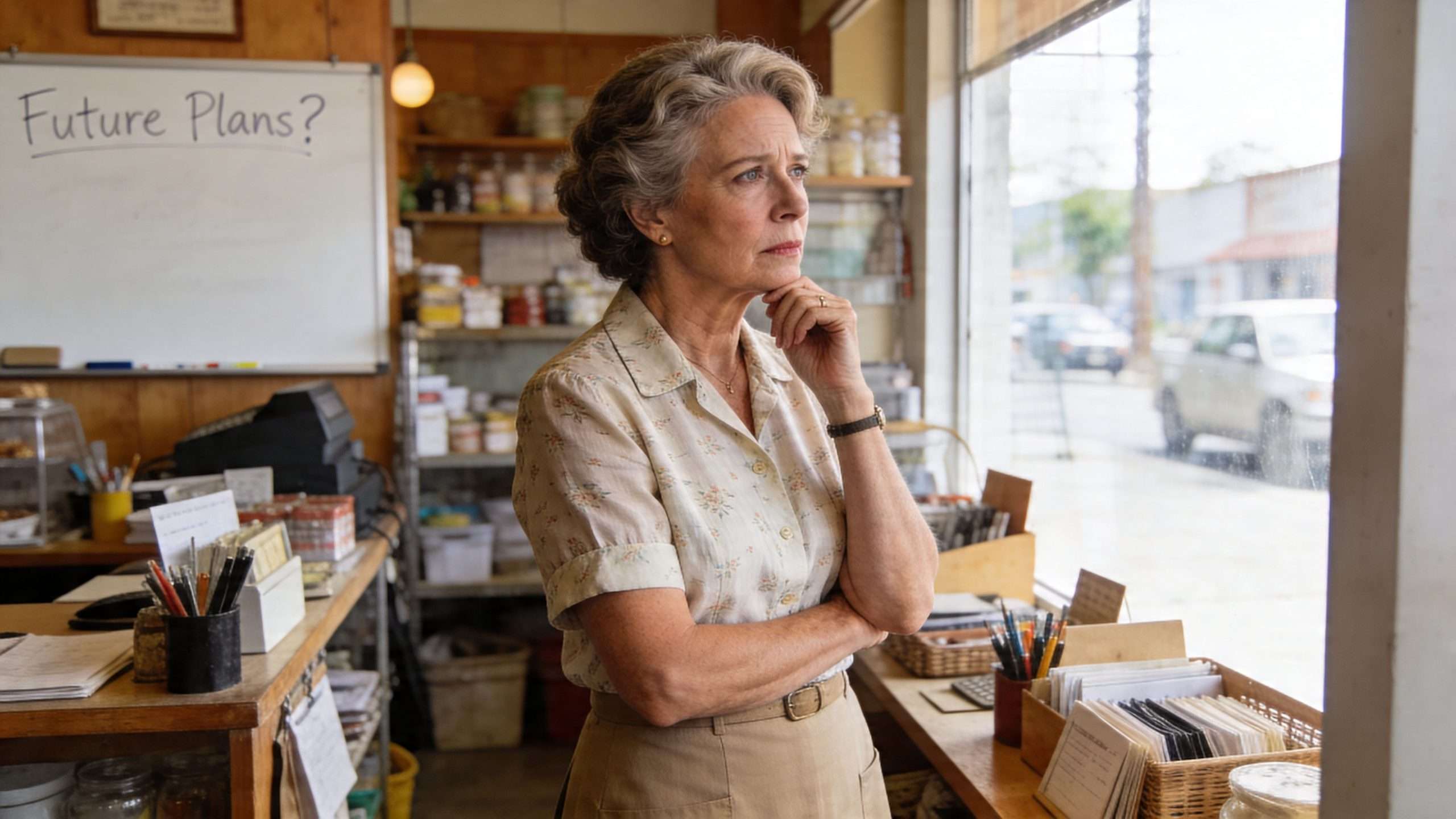 An older woman in a floral shirt looking thoughtfully out a window in a small shop.