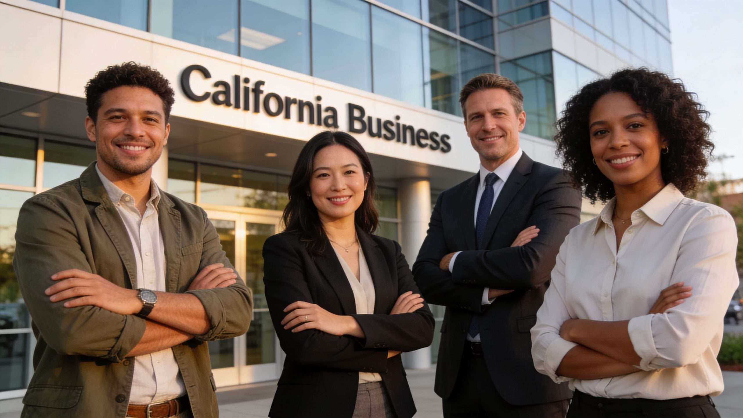 A diverse group of four professional colleagues smiling confidently while standing in front of a modern business building.