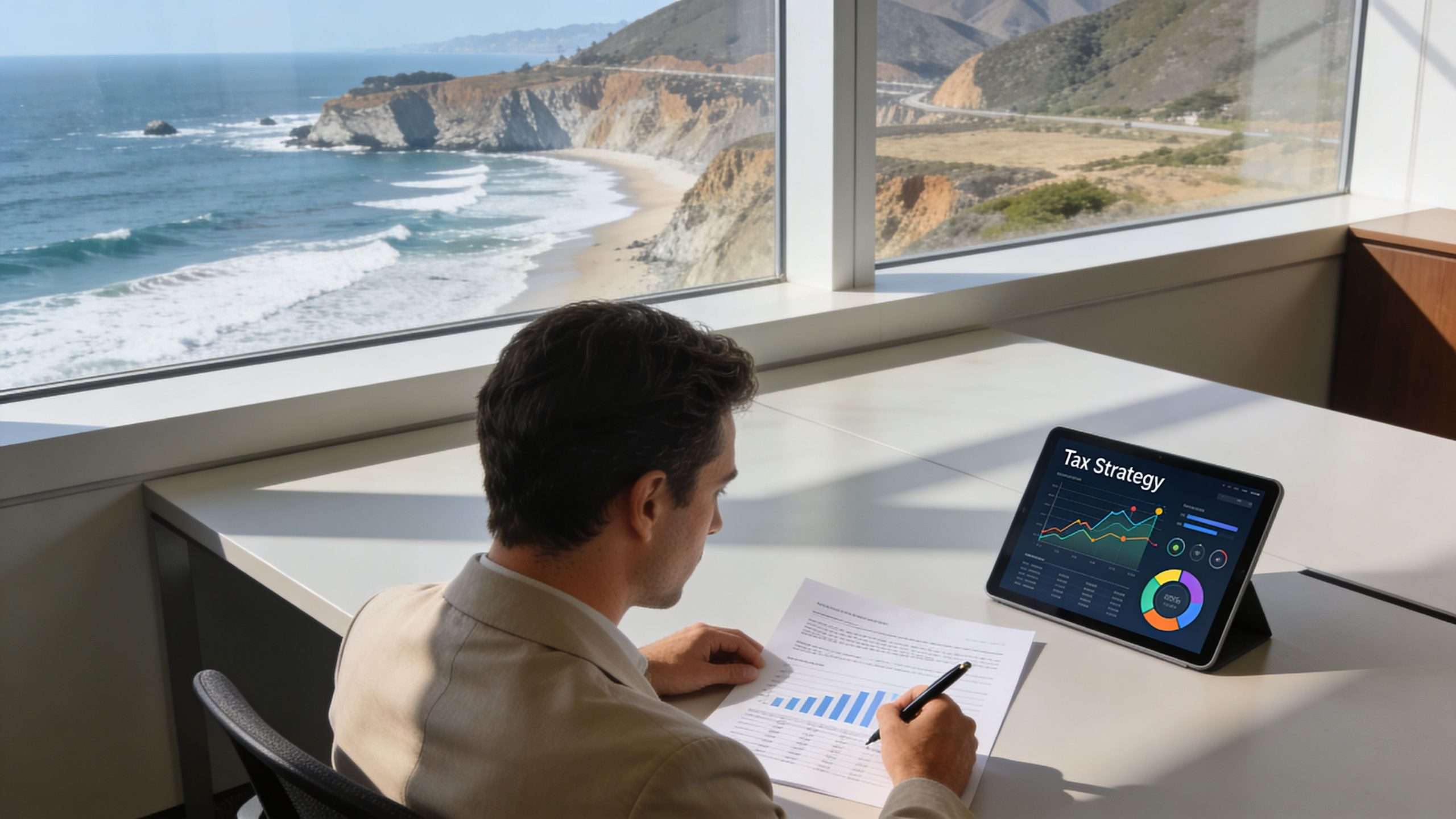A professional man reviewing tax strategy charts on a tablet while sitting in a bright oceanfront office.