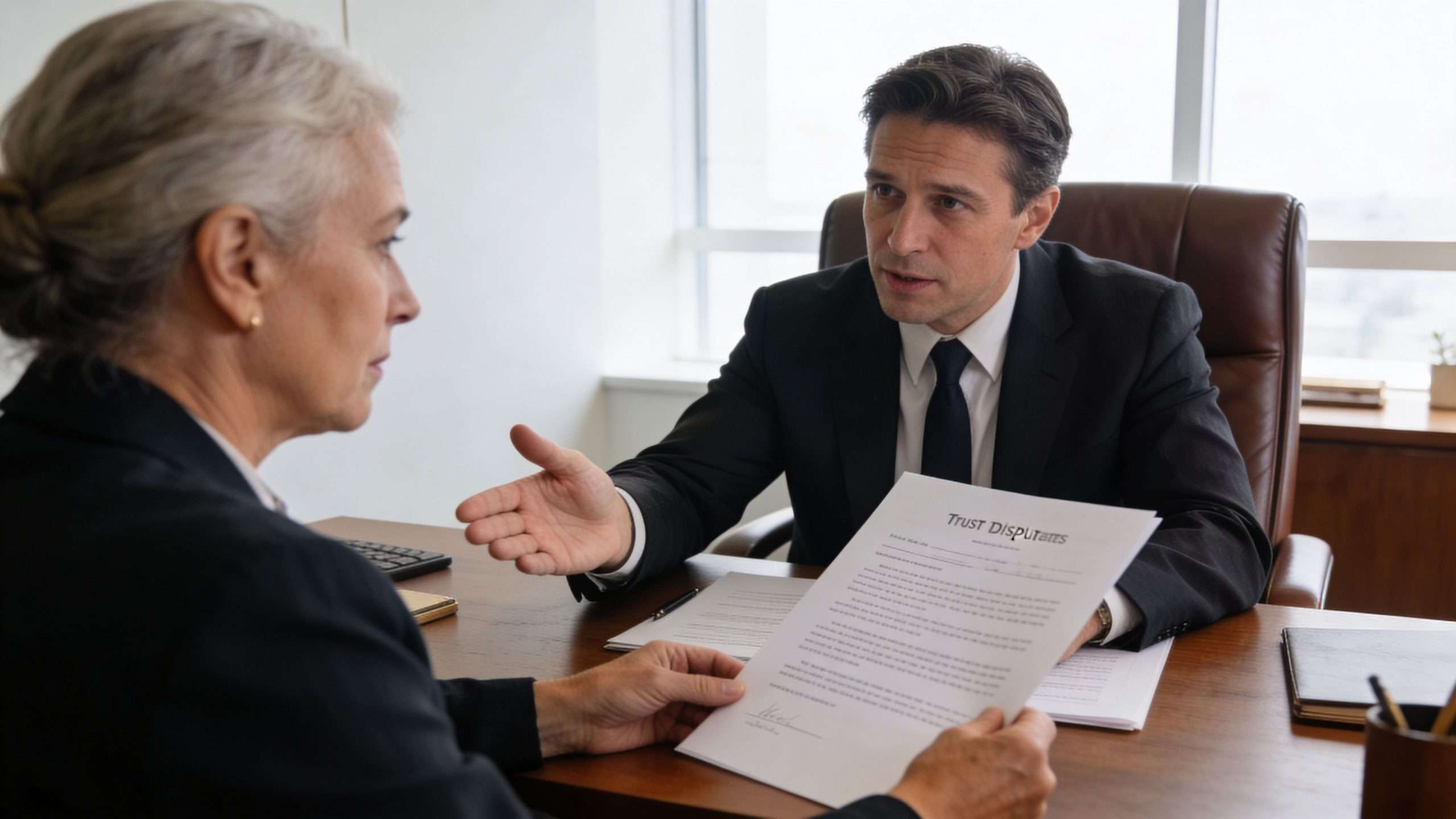 A professional lawyer explaining legal documents regarding trust disputes to a female client in an office.
