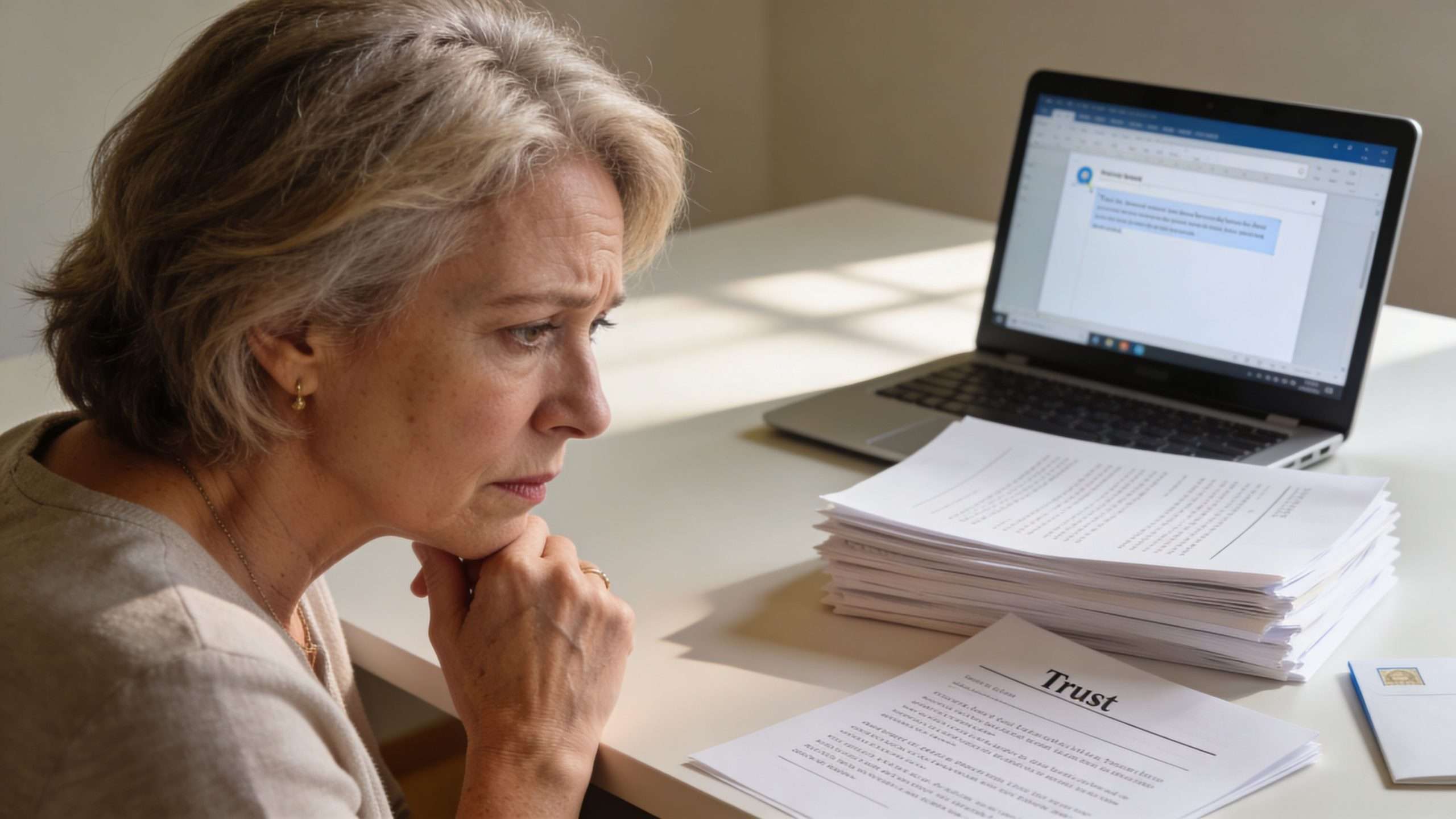 A concerned woman sitting at a desk with legal trust documents and a laptop, appearing stressed.