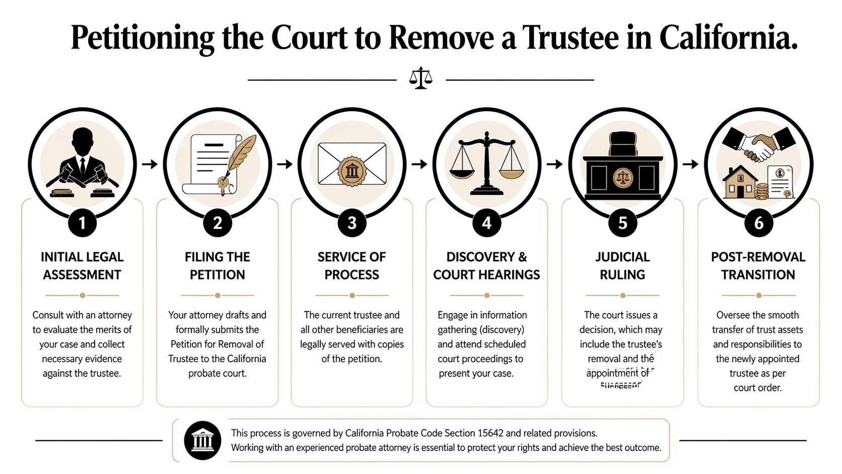 A six-step infographic explaining the legal process for petitioning a court to remove a trustee in California.