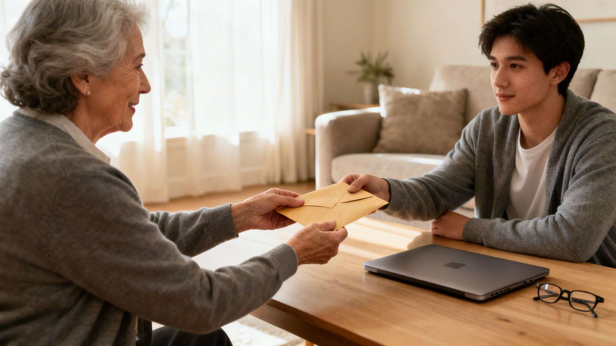 living trust california document handover A Complete Guide to Living Trust California A living trust in California is a legal tool that acts like a private rulebook for your assets. It allows you to manage your property during your lifetime and then transfer it to your loved ones after you pass away, all without the time, expense, and public nature of the California probate court system. Smiling elderly woman gives a brown envelope to a young man at a wooden table.