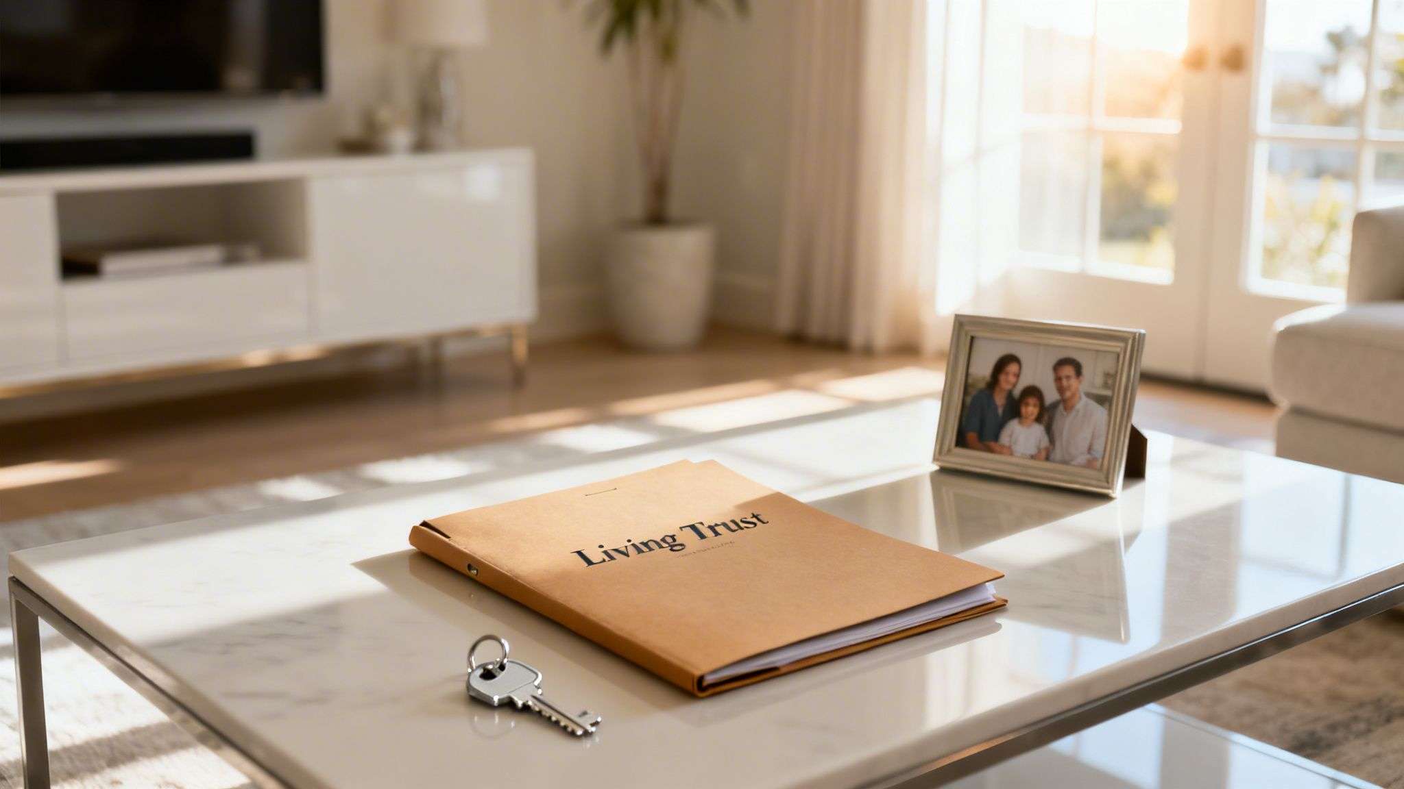 living trust california living trust A Complete Guide to Living Trust California A living trust in California is a legal tool that acts like a private rulebook for your assets. It allows you to manage your property during your lifetime and then transfer it to your loved ones after you pass away, all without the time, expense, and public nature of the California probate court system. A Living Trust document, house key, and family photo on a coffee table in a bright home.