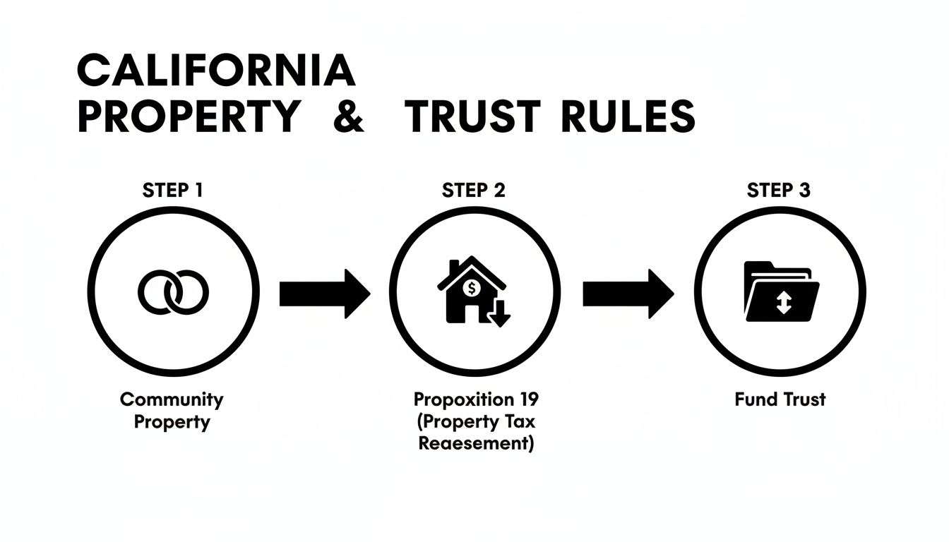 living trust california trust rules A Complete Guide to Living Trust California A living trust in California is a legal tool that acts like a private rulebook for your assets. It allows you to manage your property during your lifetime and then transfer it to your loved ones after you pass away, all without the time, expense, and public nature of the California probate court system. Flowchart illustrating California property and trust rules, detailing steps from community property to funding a trust.