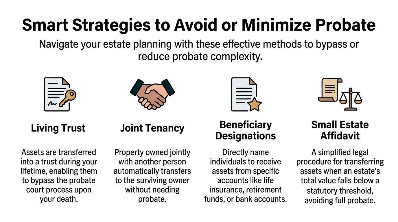 An infographic illustrating four smart strategies to avoid or minimize the legal probate court process.