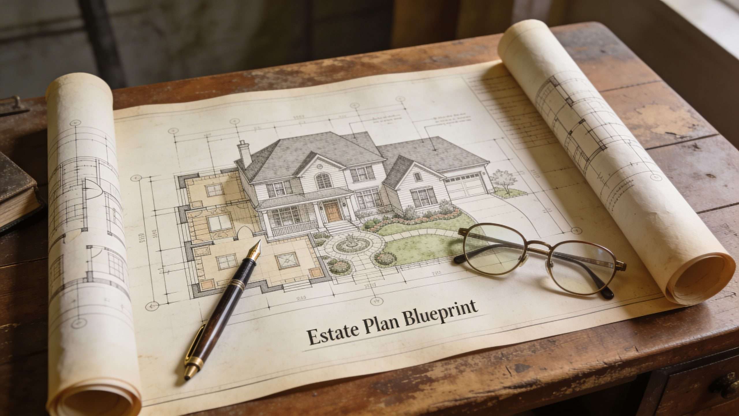 A detailed house blueprint with an elegant fountain pen and eyeglasses resting on a rustic wooden table.