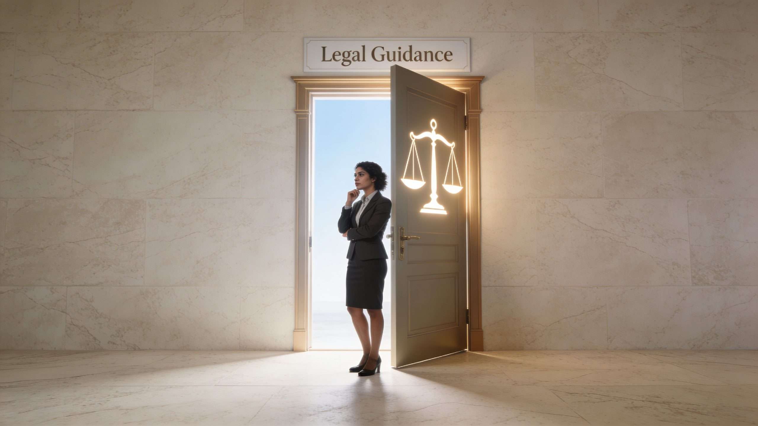 A professional woman in a suit stands thoughtfully at a bright doorway labeled legal guidance.
