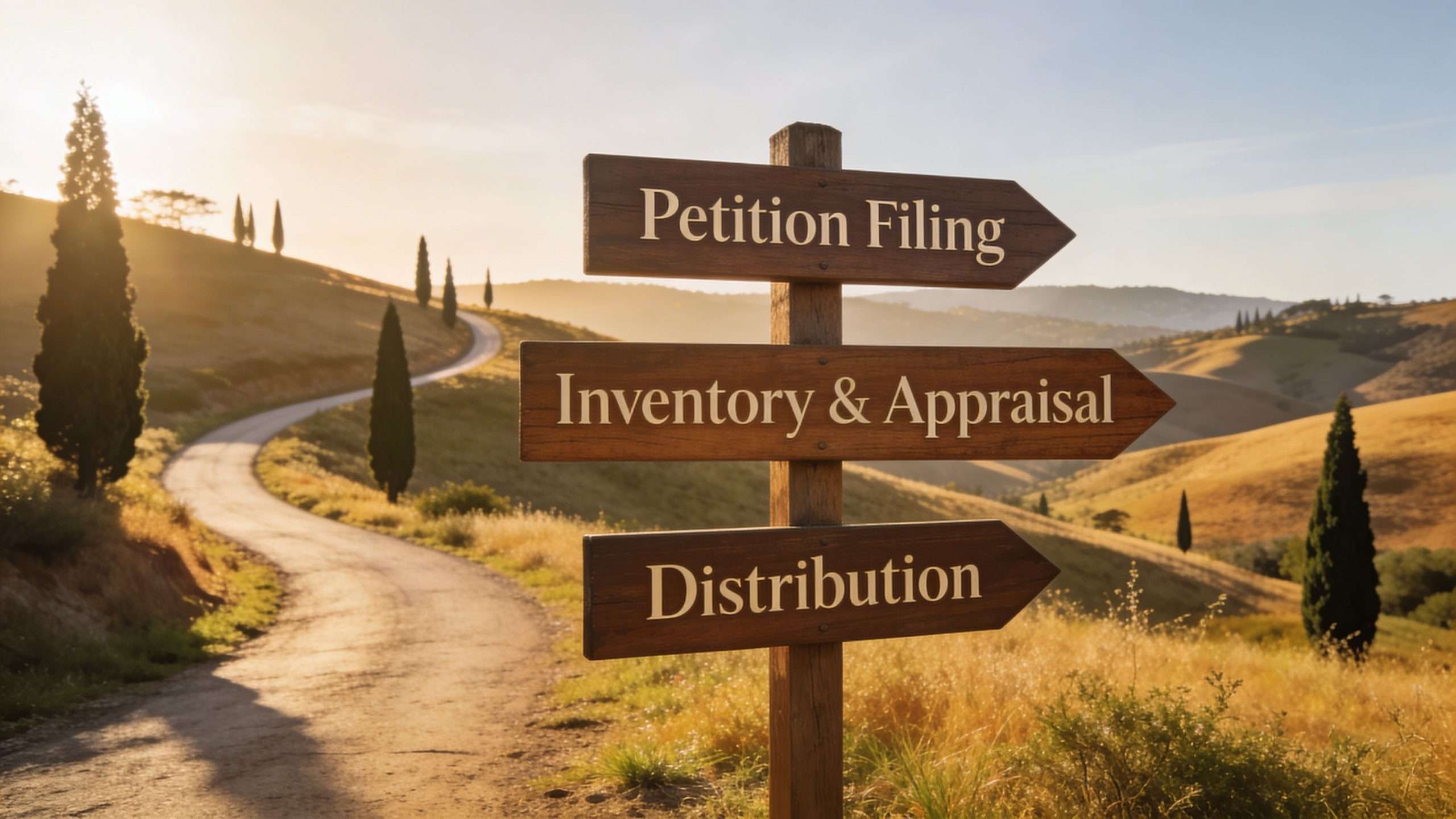 A wooden signpost stands on a winding country road pointing to Petition Filing, Inventory & Appraisal, and Distribution.