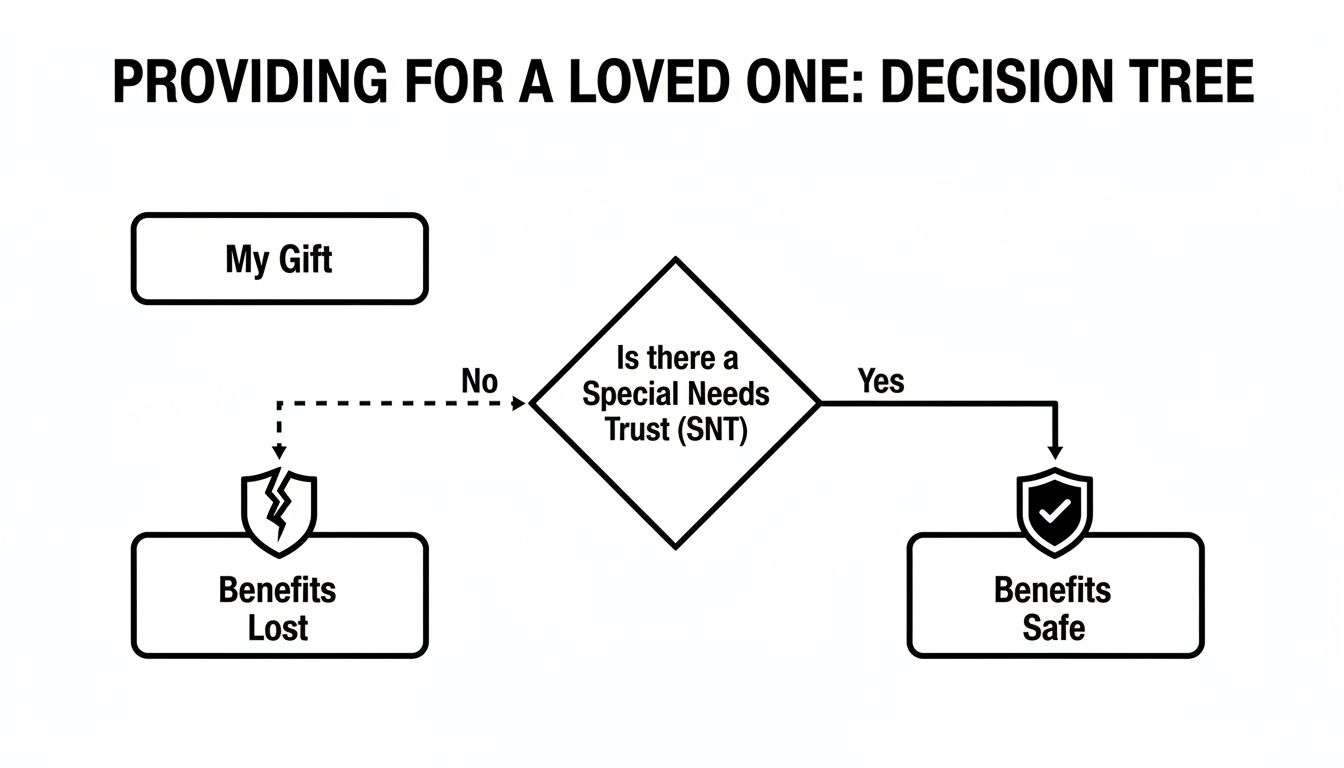 Decision tree illustrating how a Special Needs Trust (SNT) protects benefits when providing a gift to a loved one.