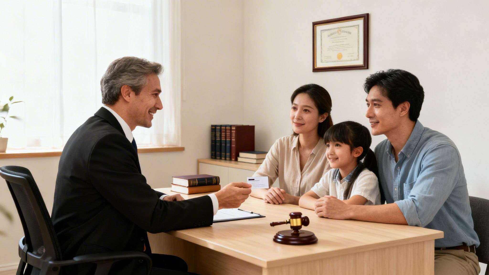 Smiling lawyer hands a business card to a happy Asian family in a legal consultation.