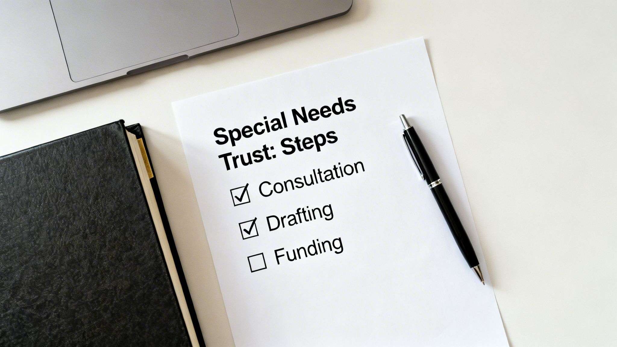A checklist for 'Special Needs Trust: Steps' with Consultation and Drafting marked as complete.