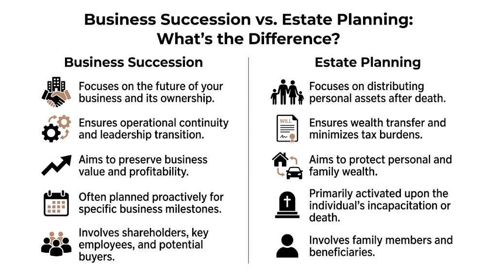 A comparison chart outlining the key differences between business succession planning and personal estate planning.