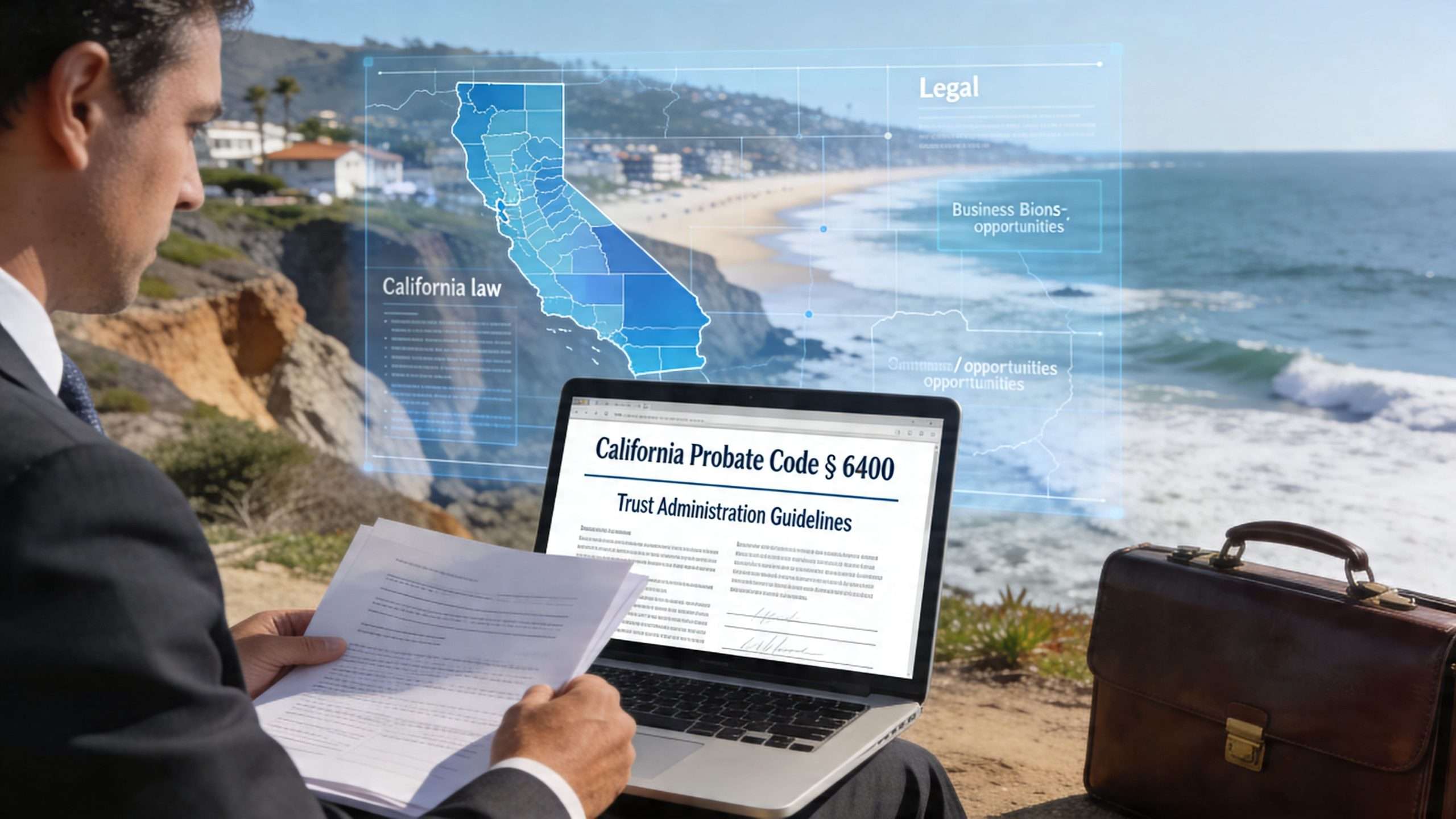 A professional man in a suit reviews legal documents with California probate law data projected nearby.