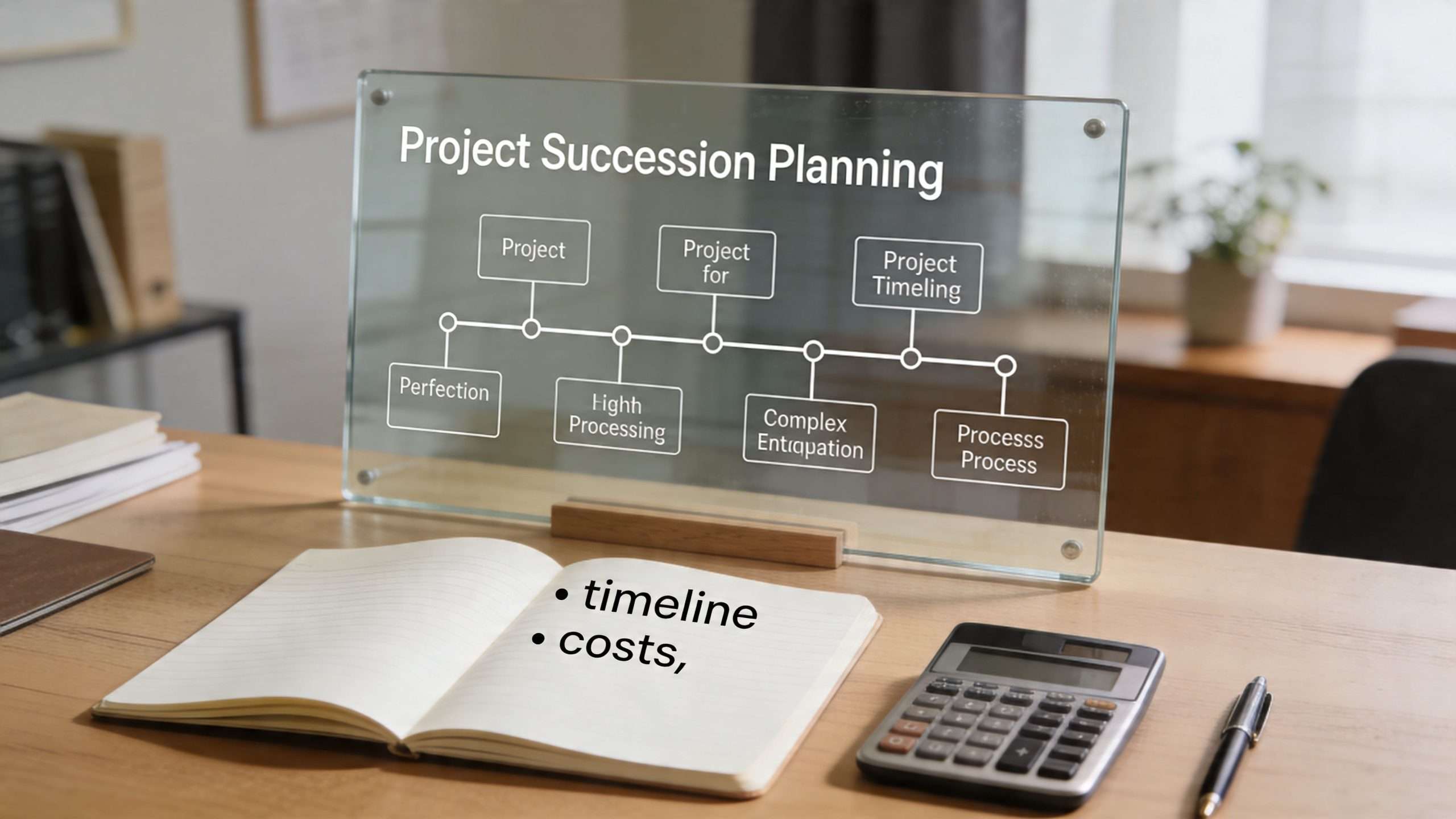 A glass whiteboard displaying a Project Succession Planning flowchart on a wooden desk with a notebook and calculator.