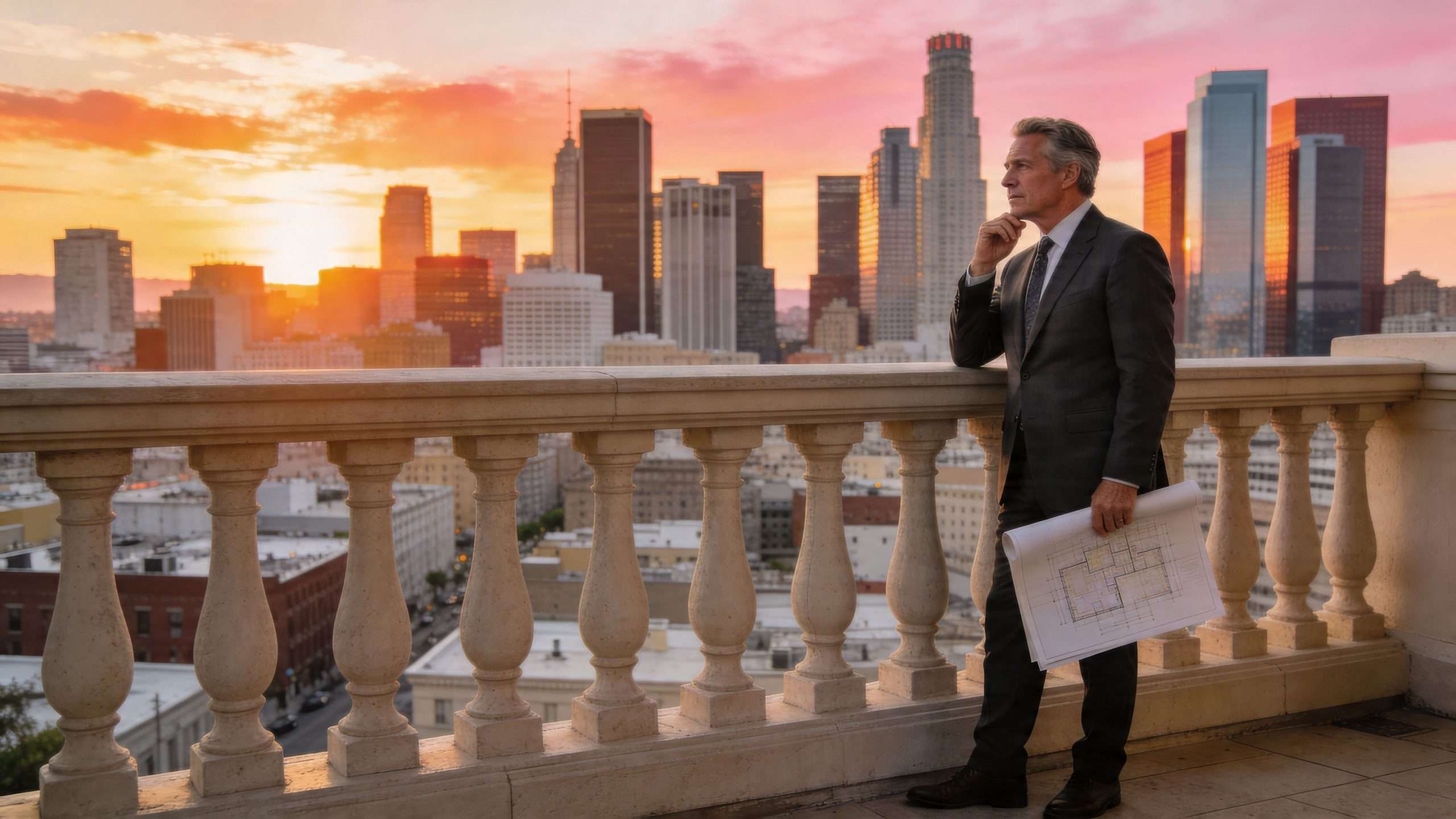 A professional man holding building plans looking out at a modern city skyline during sunset.