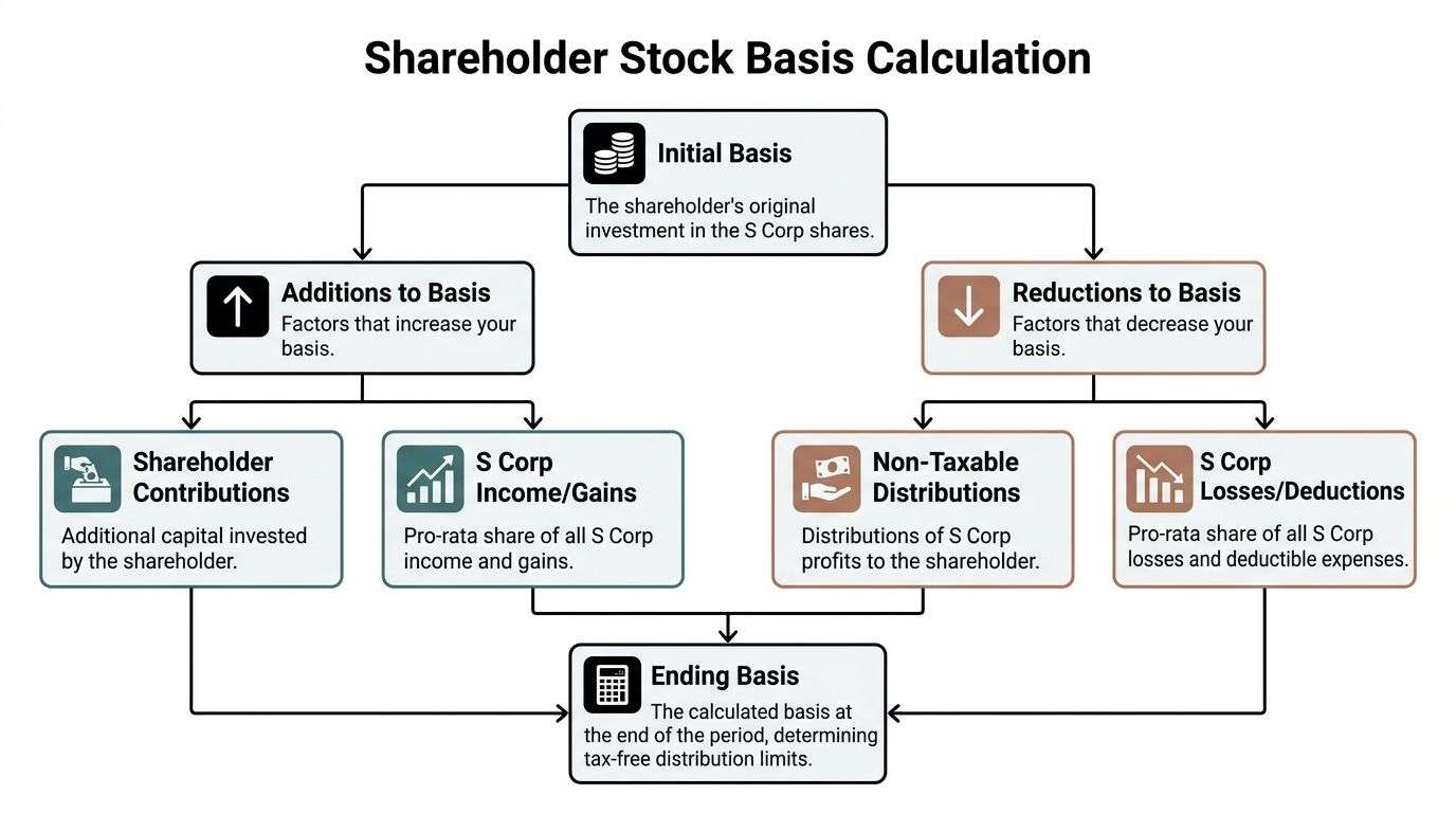 A flowchart explaining how S Corp shareholder stock basis is calculated starting from initial investment.