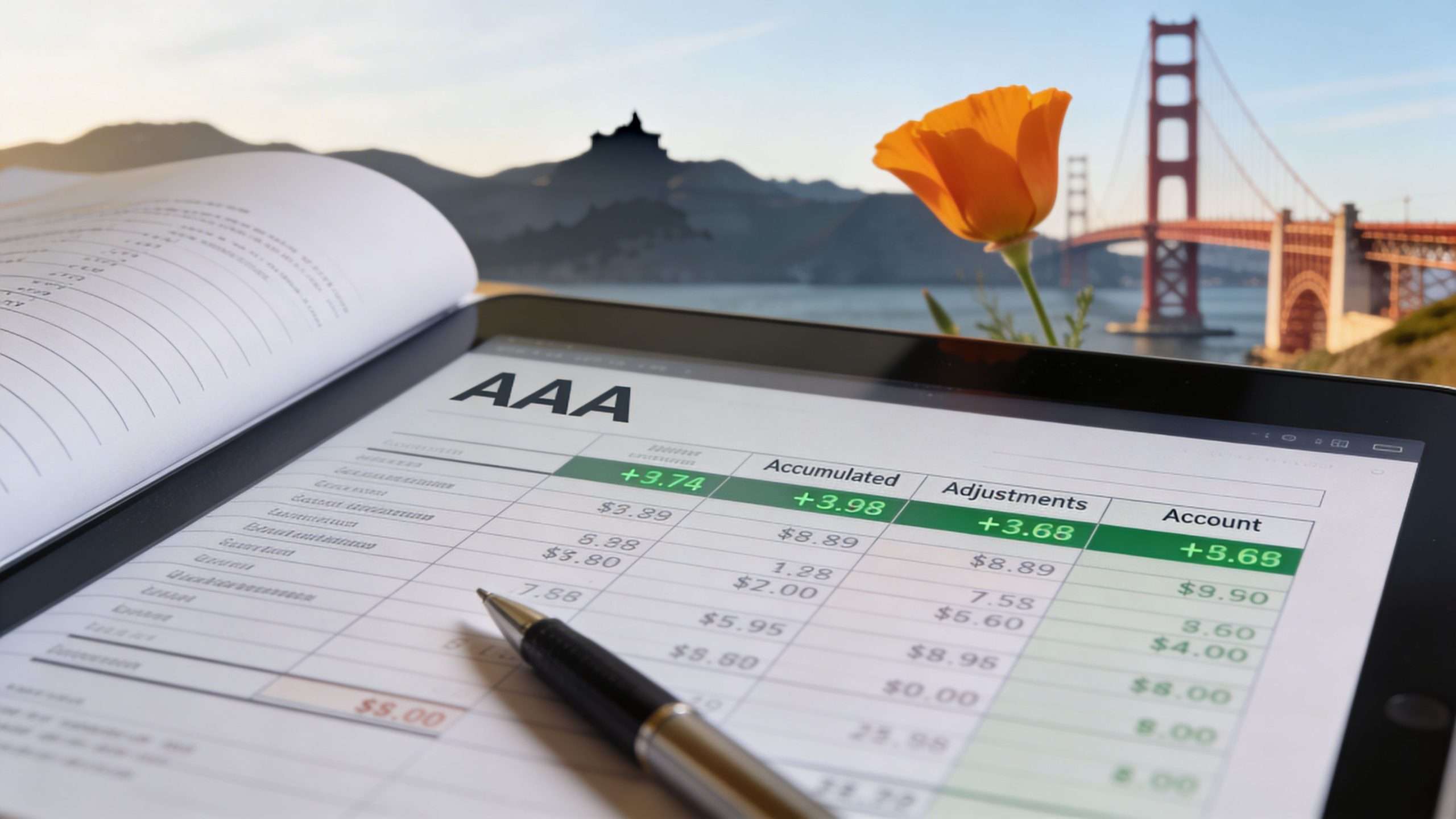 A digital tablet displaying accounting tables with financial figures alongside a pen and a blooming orange flower.