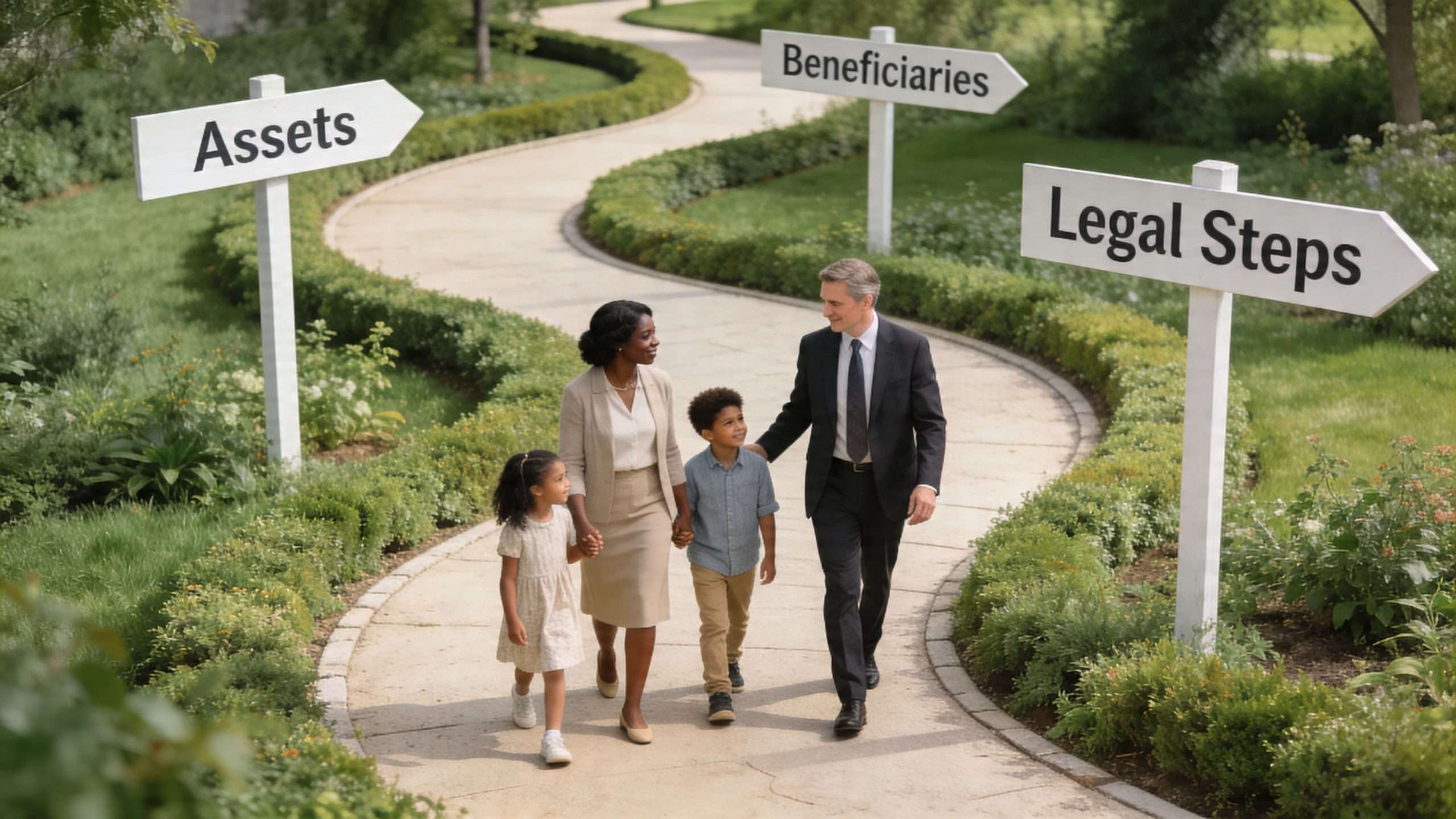A professional trust administration lawyer walking with a family on a pathway with signs for assets, beneficiaries and legal steps.