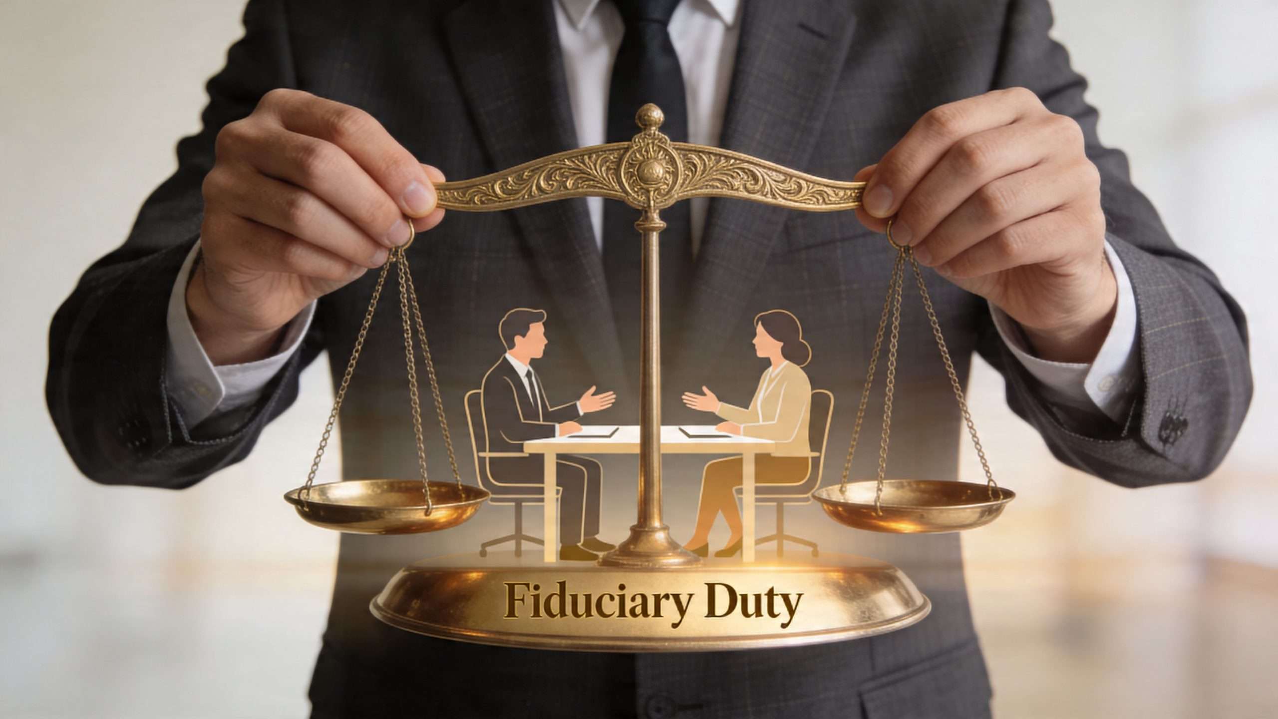 A professional in a suit holding a gold scale representing legal fiduciary duty and client trust.